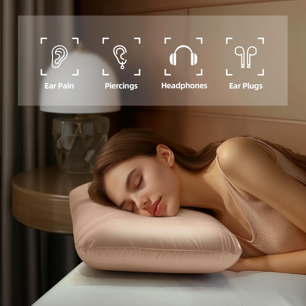 USlixury Piercing Pillow - Ear Piercing Pillow with Foam Plug, 4''H Mini Donut Plilow with 4.7x3.2 Off Center Ear Hole, CertiPUR-US Memory Foam Hole Plilow for Side Sleeper, Satin Cover, Champagne