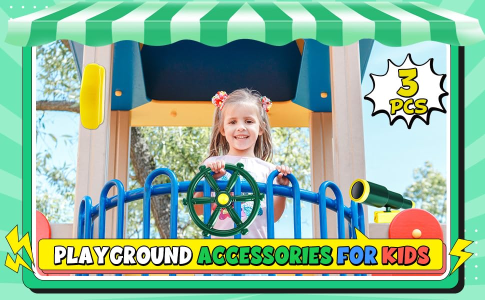 3 Pcs Playground Accessories for Kids,Swingset Attachments with Pirate Ship Wheel, Toy Telescope and Telephone Outdoor Swing Set Accessories (3 Green)
