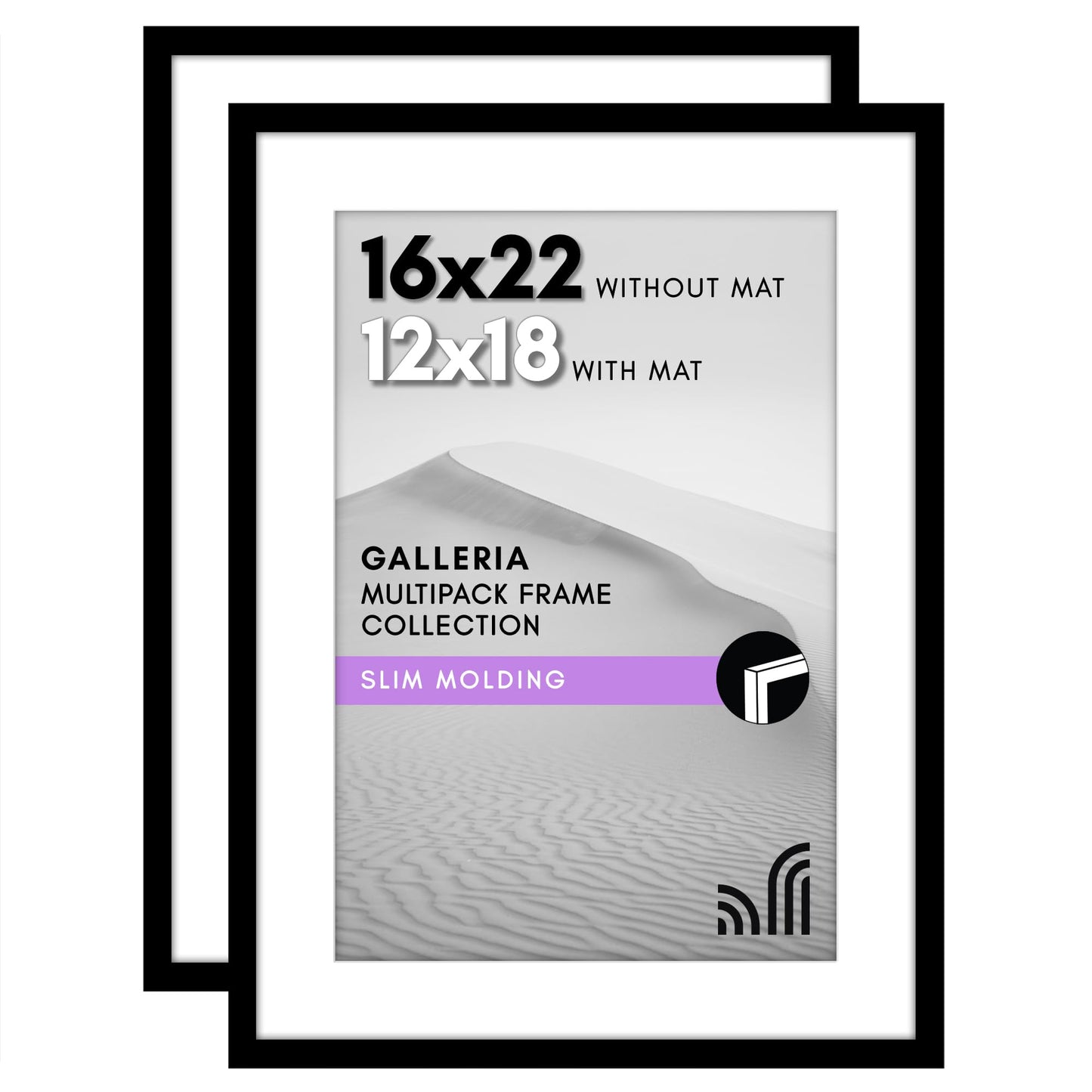 Americanflat 16x22 Picture Frame with Polished Plexiglass - Set of 2 - Use as 12x18 Frame with Mat or Display 16x22 Photo Without Mat - Galleria Collection - Picture Frames for Wall Display - Black