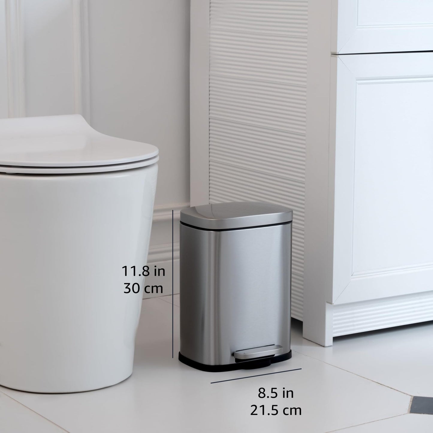 Amazon Basics Smudge Resistant Mini Rectangular Trash Can with Soft-Close Foot Pedal, Brushed Stainless Steel, for Bathroom & Small Space, 5L /1.32 Gal, Satin Nickel Finish, 18.5cm Lx21.6cm Wx30.0cm H