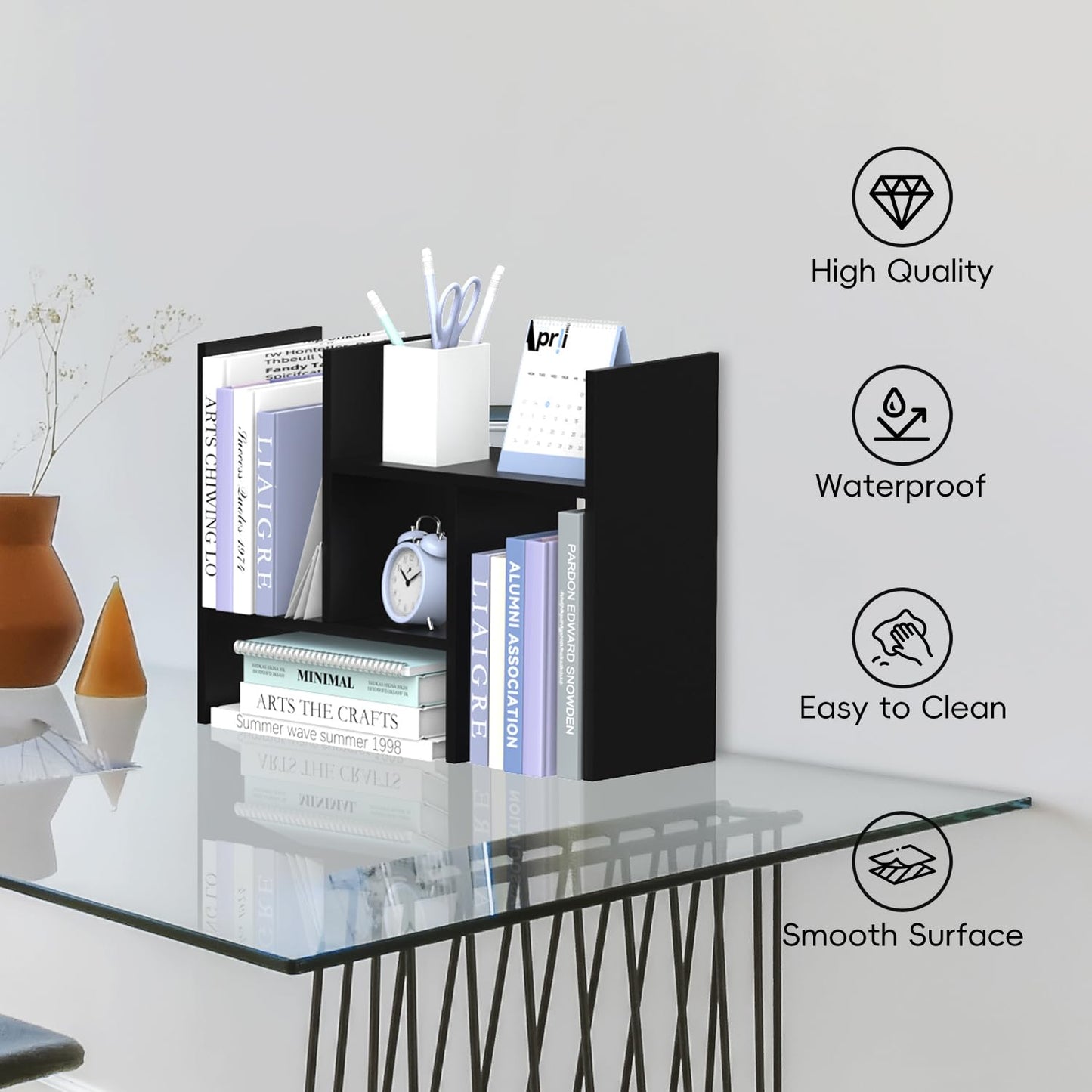 SUPEASY Wood Desk Shelf, Desktop Organizer Adjustable Desk Hutch, 5 Units, Desk Organizers and Accessories, Book Shelf Organizer for Home, Office, 16" L x 15.8" H x 6.8" W, Black