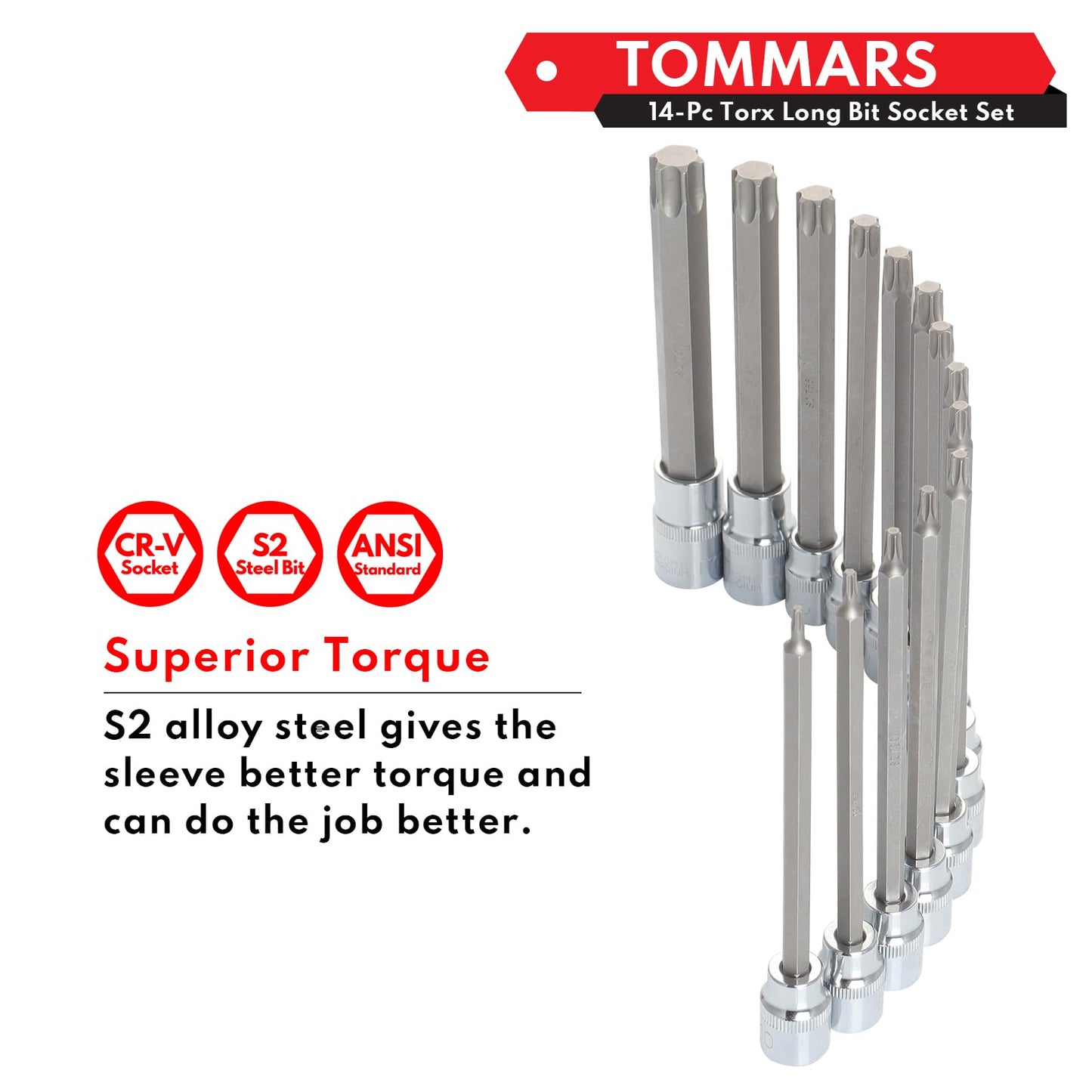 TOMMARS 14-PC Long Torx Bit Socket Set, S2 Alloy Steel Star Socket Set T10-T70