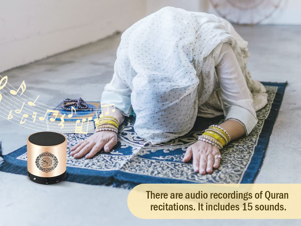Portable Digital Quran Speaker with Remote Control over18 Reciters and 15Translations Available Quality Qur'an Speaker Arabic English French, Urdu etc Mp3 FM Radio (Gold Color)