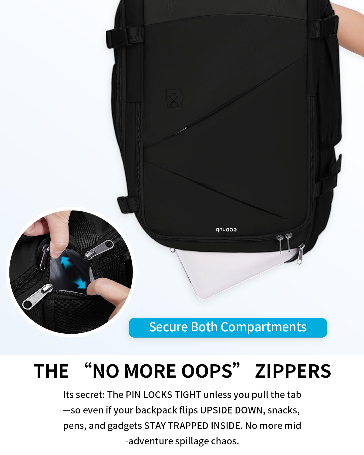 ECOHUB 17" Small Unisex Travel Backpack United Airline Approved 17x10x9 Friendly Suitcase Anti-Theft Lockable Zippers Style Personal Item Bag Travel Essentials with 12 Pockets Water Resistant, Black