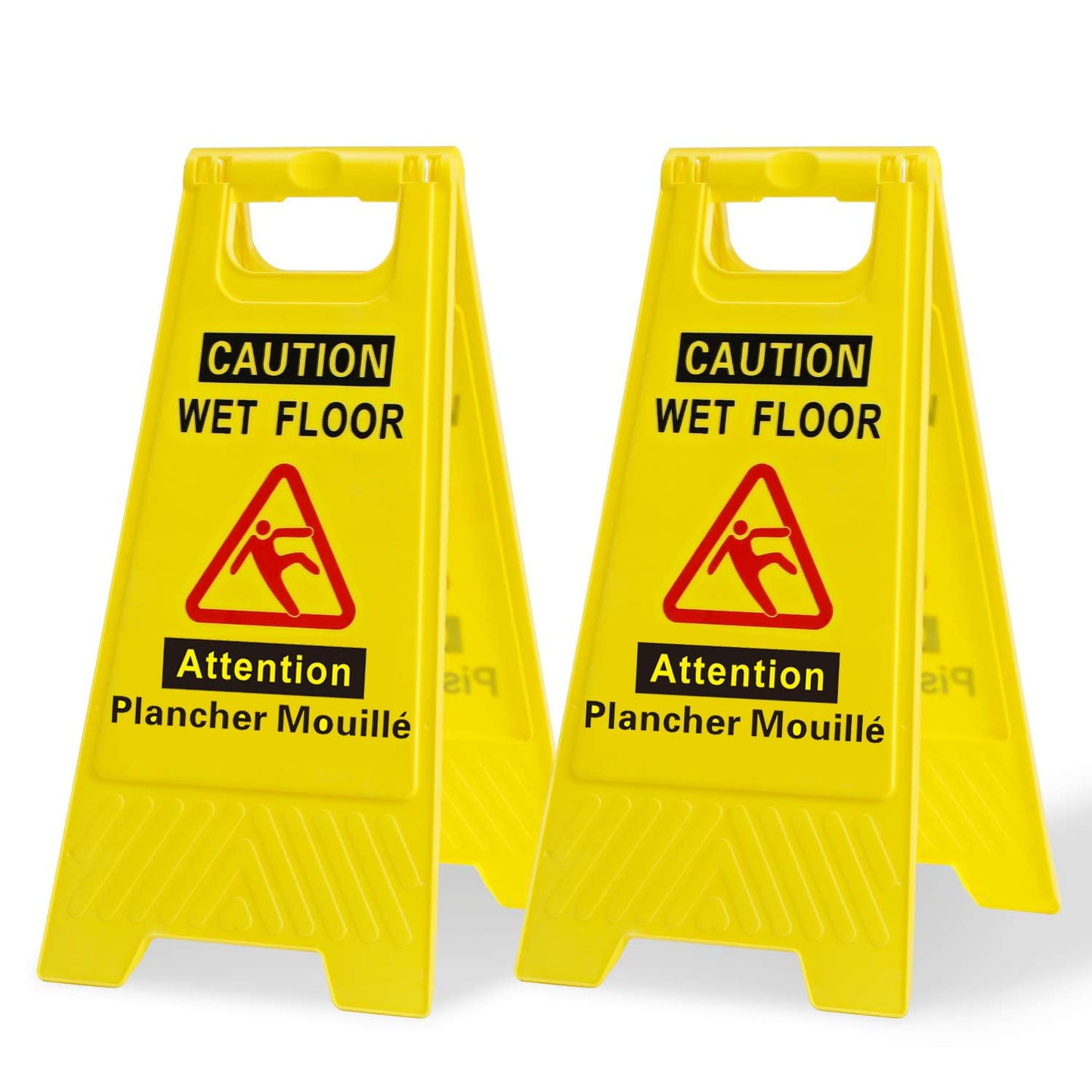 60cm Bilingual Janitorial Caution Wet Floor Sign, "Caution Wet Floor/Attention Plancher Mouillé Foldable Sturdy Bilingual Double-Sided French/English Yellow 2 pack