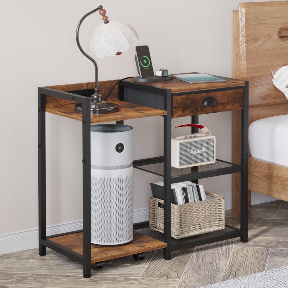 Furist Printer Stand with Storage, Mobile Printer Table with Charging Station and USB Port for Home Office, Desktop Shredder Shelf with Wheels, Rolling Cart with Drawers, Computer Tower Stand