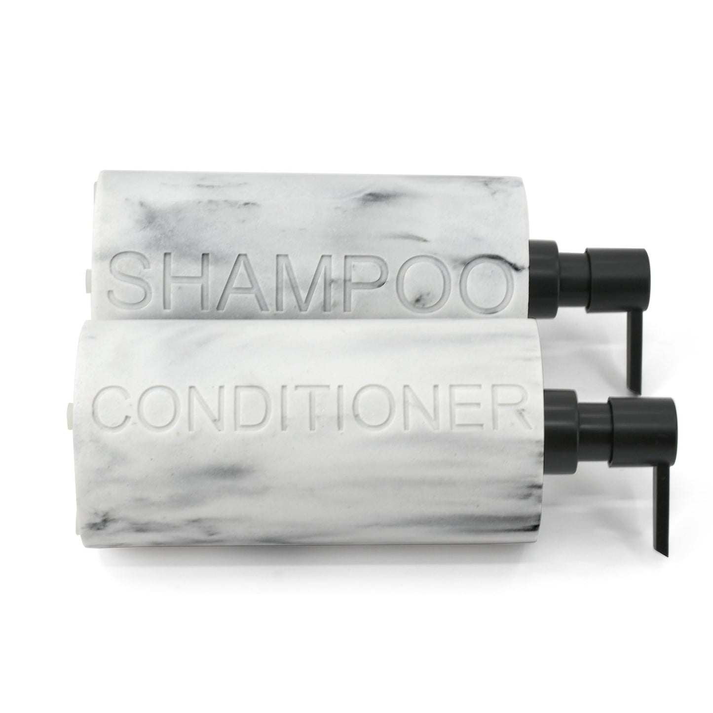 Indecor Home Marble Resin 2 Piece Shampoo and Conditioner Dispenser Set, Luxurious Refillable Pump Bottles with Matte Pump Top and Embossed Text, Durable Design for Bathroom and Shower