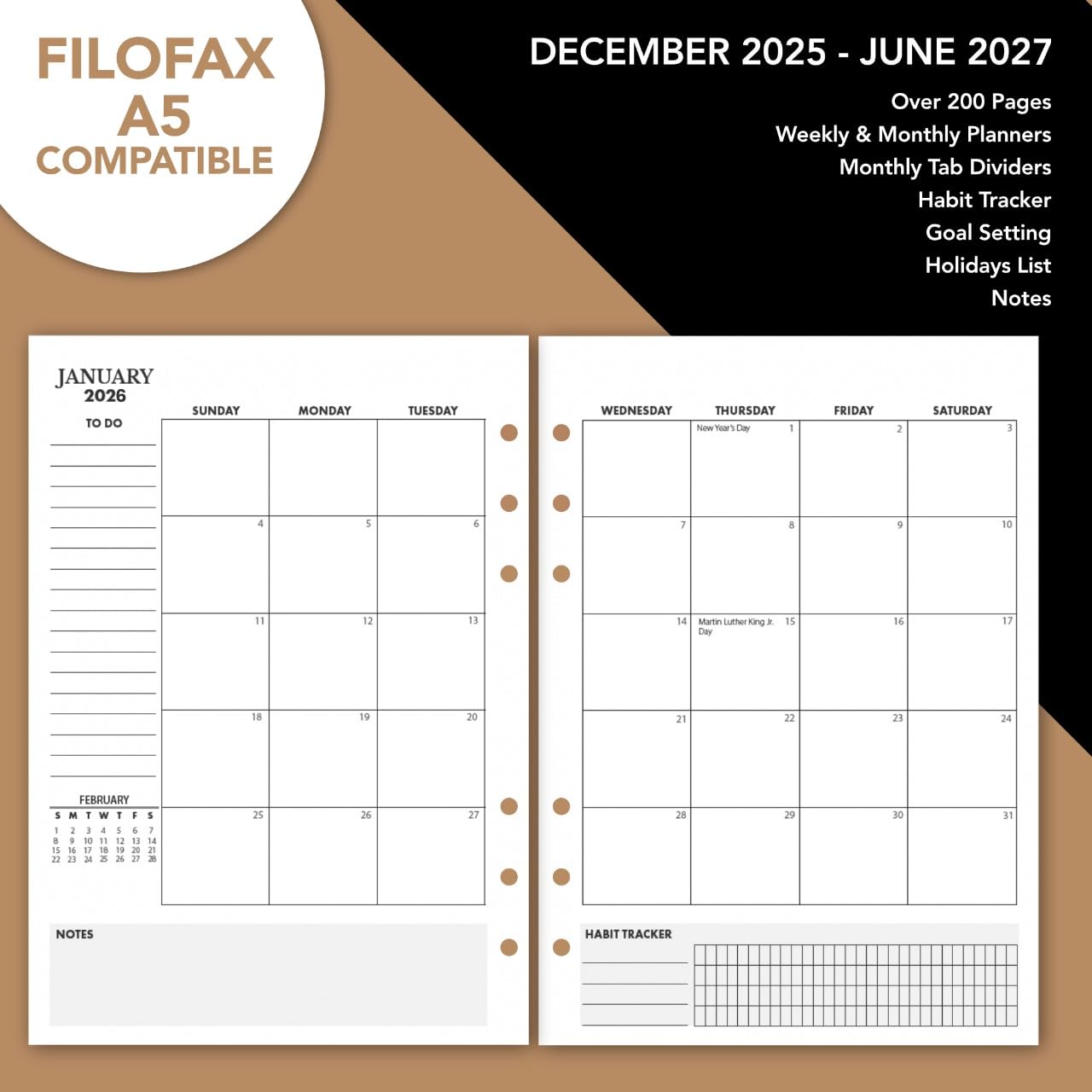 Wanderings A5 Leather Binder Planner - Refillable 6 Ring Journal with Inner Pockets - Hand-Crafted Genuine Leather Organizer- Filofax Compatible. 2026/27 Monthly Weekly Calendar with Notes - 6.75" x 9" (17 x 22.5cm)