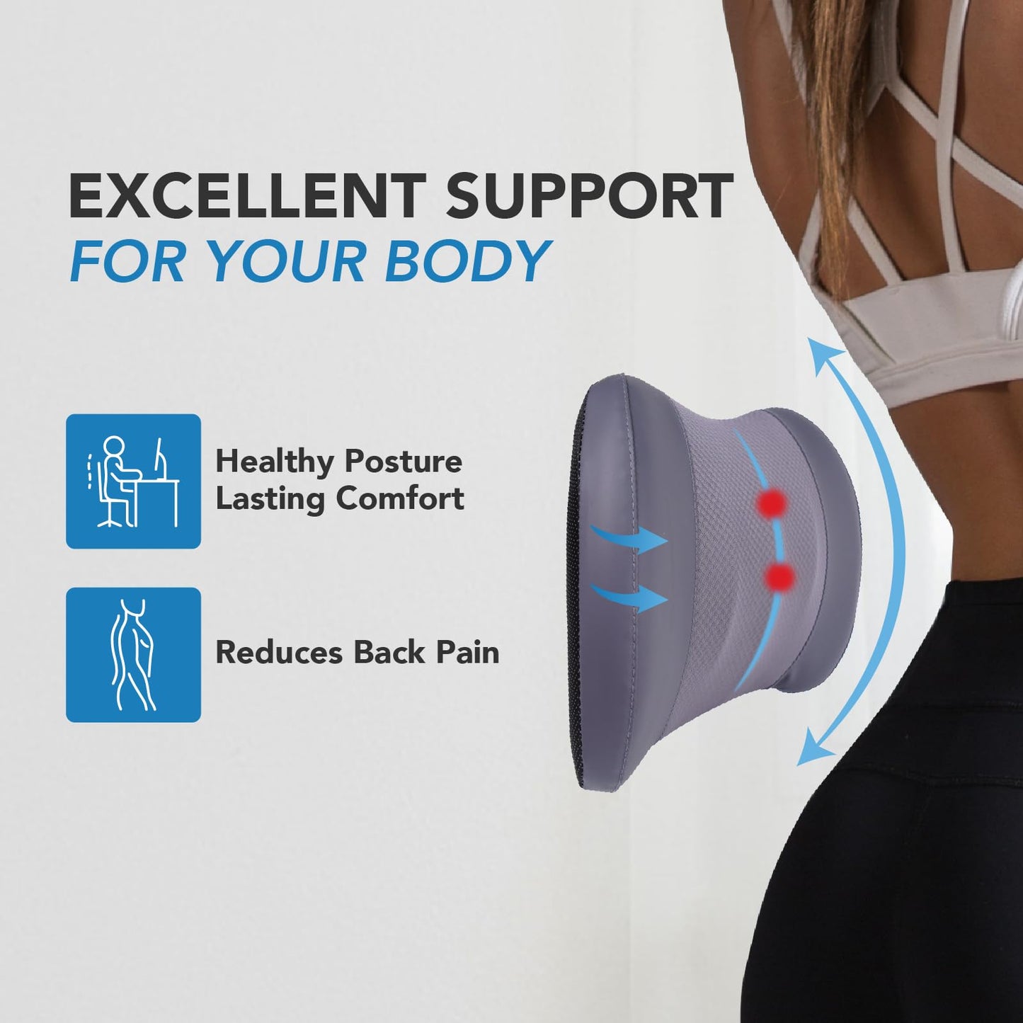 Lumbar Support Pillow: Memory Foam Lumbar Pillow for Lower Back Pain Relief - Car Back Cushion for Driving - Lumbar Support for Car-Office Chair, Wheelchair - Dark Grey