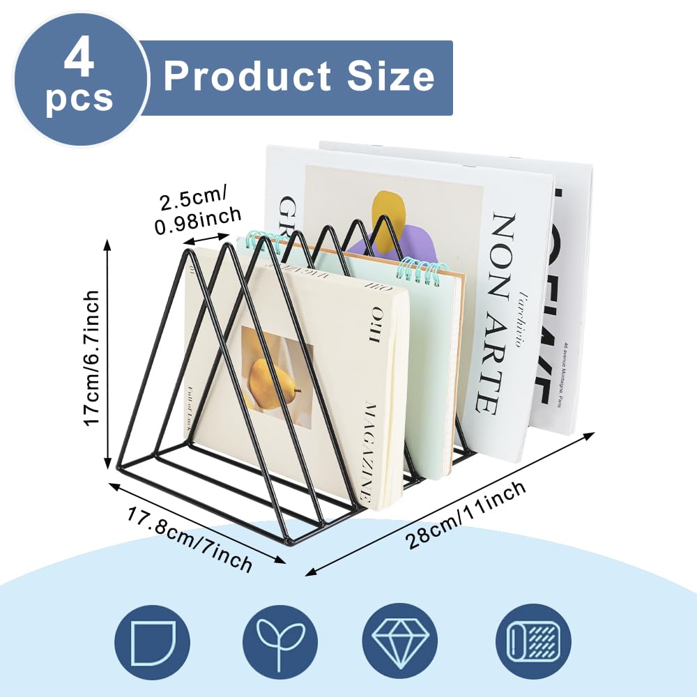 4Pcs Triangle File Holder, FHDUSRYO 9 Slot Black Magazine Holder, Metal Vinyl Record Storage Stand, Desktop File Organizer Magazine Rack, Bookshelf Organizer for Office Home, Letter Book(Black)