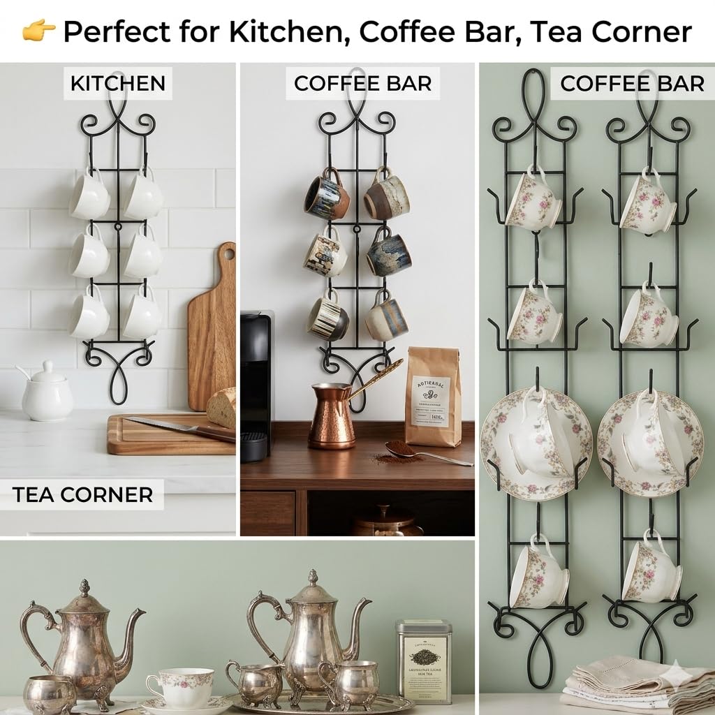 HOHIYA Wall Mounted Tea Cup Display Rack 2 Pack Vertical Metal Teacup and Saucer Holder for China Cups Coffee Mugs and Small Plates Kitchen Storage and Display Organizer Black
