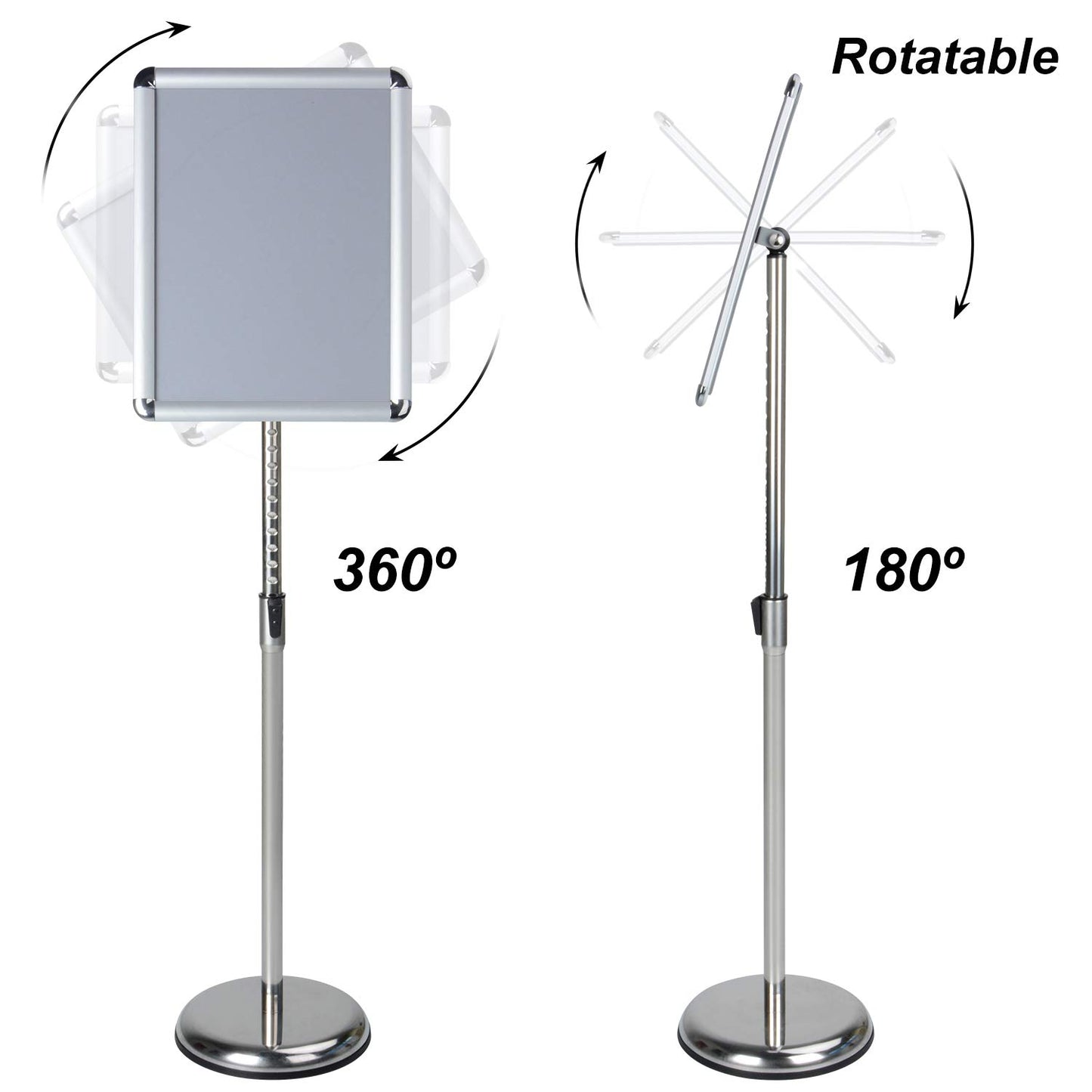 AkTop Adjustable Poster Sign Stand, 11 X 17 Inch Heavy Duty Pedestal Floor Standing Sign Holder, Silver Snap-Open Aluminum Frame with Safety Rounded Corner