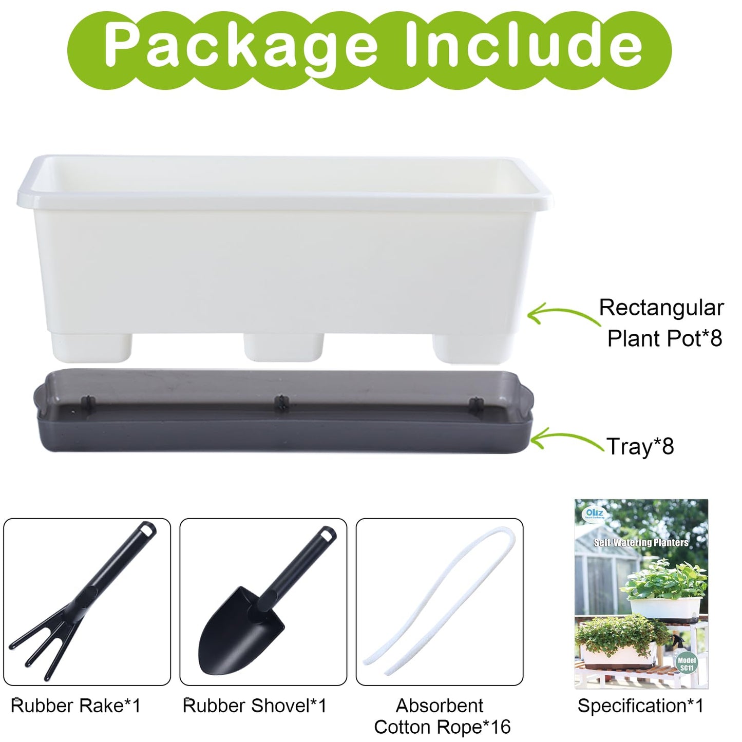 Self-Watering Planters with Drainage Holes & Trays, 8 Pcs 17 Inch Rectangle Window Box, Indoor Outdoor Flower Pots for Garden, Balcony, Patio (White, 17 x 7 x 6 Inch)
