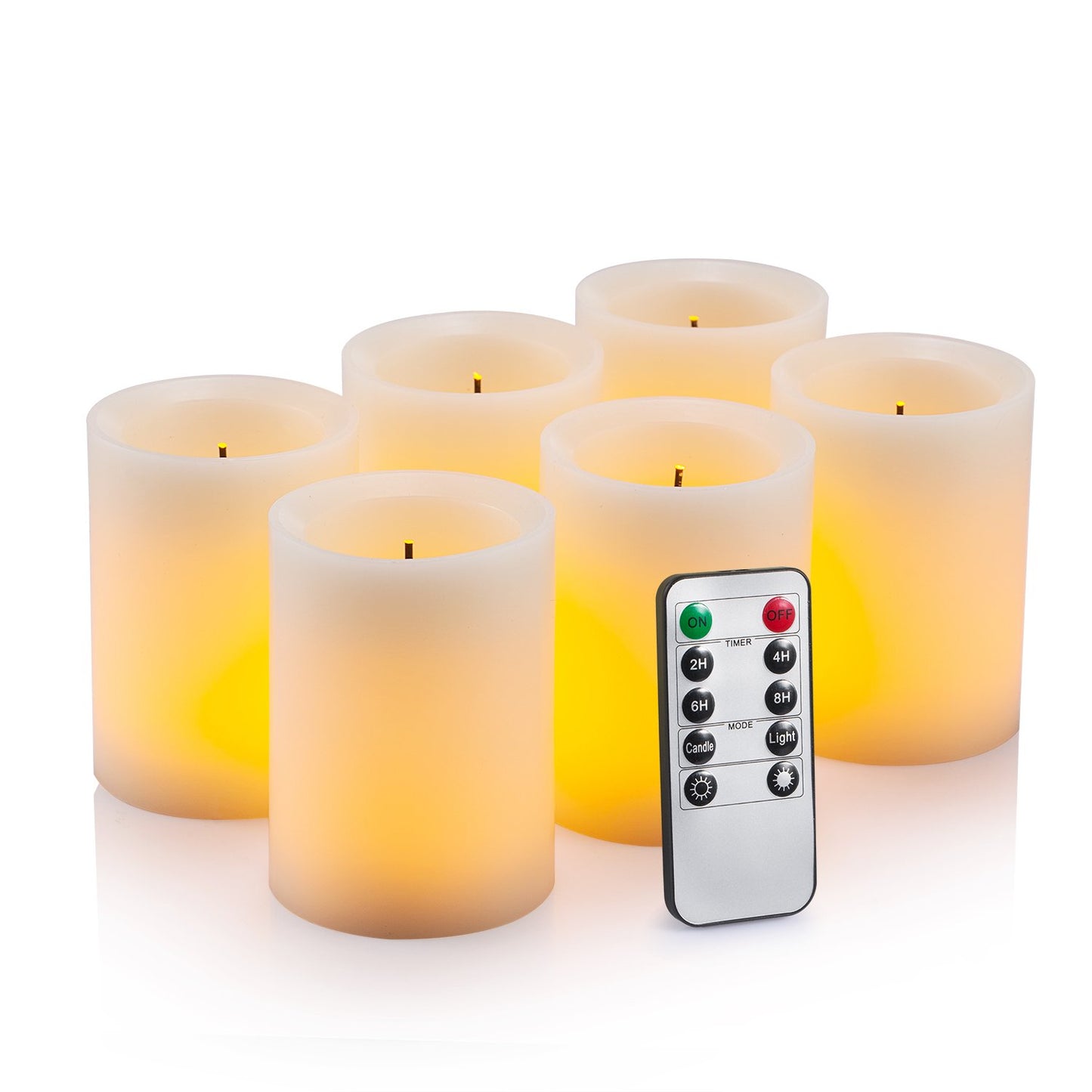 Flameless Flickering LED Candles 3" X 4" with 10-Key Remote Control Timer Classic Pillar Optical Fiber Wick Real Wax Battery Operated Candles, Ivory Color, Set of 6