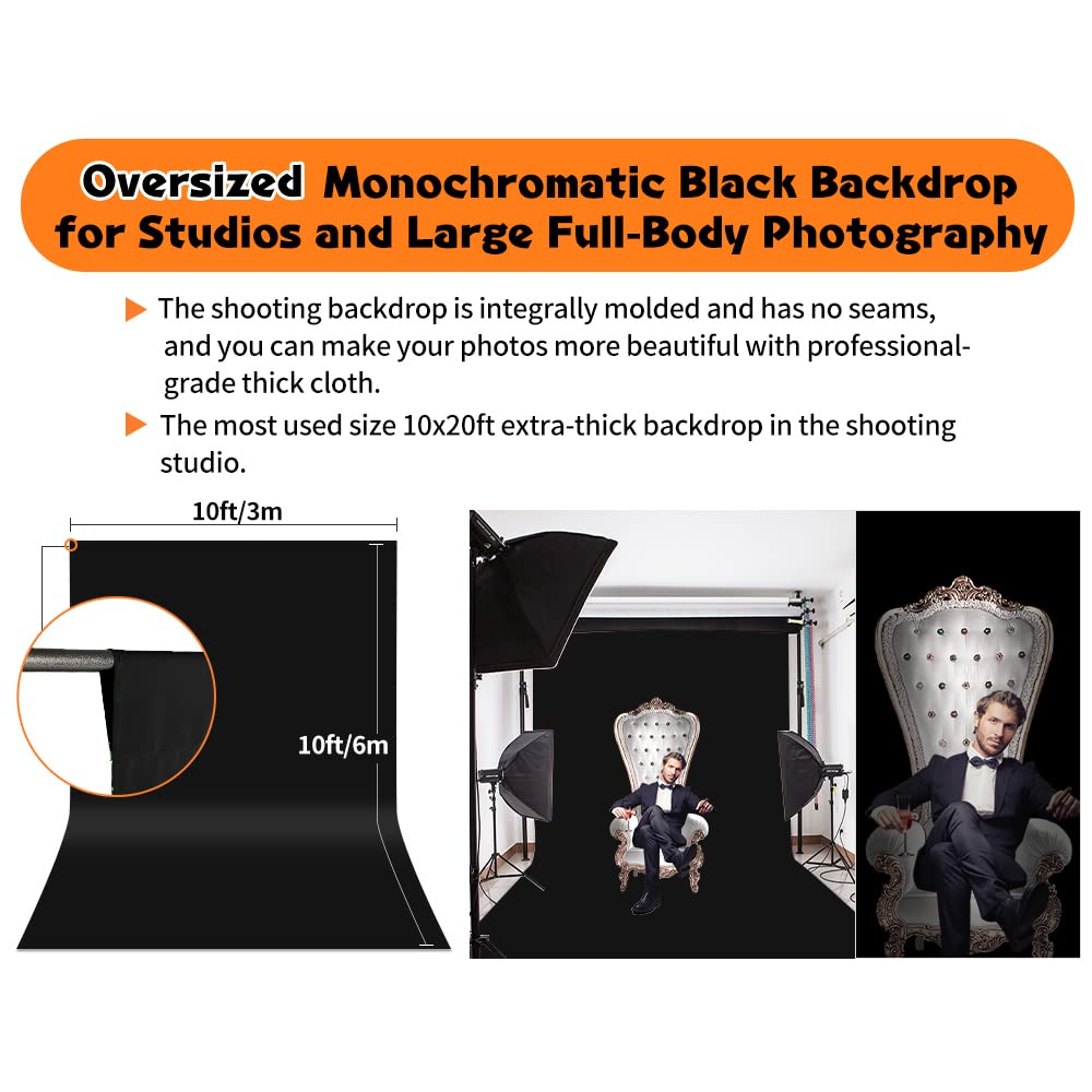10 x 20 ft Black Backdrop Curtain, High Density Polyester Fabric Pure Black Photo Backdrop for Photoshoot, Back Drop Cloth Background for Photography, Video Recording, Television (Backdrop only)