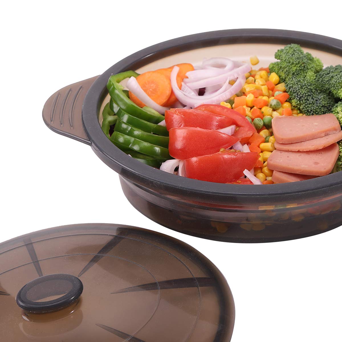 Microwave Steamer Cooker Collapsible Bowl-Silicone Steamer Cookware with Handle Lid for Vegetables Fish Prep Meal Food with Removable Rack BPA Free, Easy to Store, Freezer & Dishwasher Safe