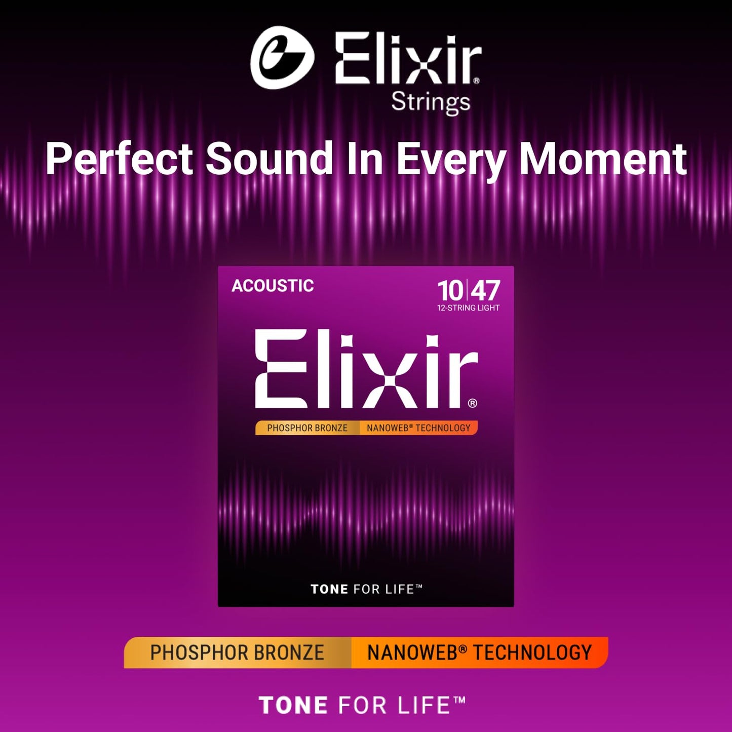 Elixir Strings, Acoustic Guitar Strings, Phosphor Bronze with NANOWEB Technology, Longest-Lasting Rich and Full Tone For Life with Comfortable Feel, 12 String Set, 12-String Light 10-47