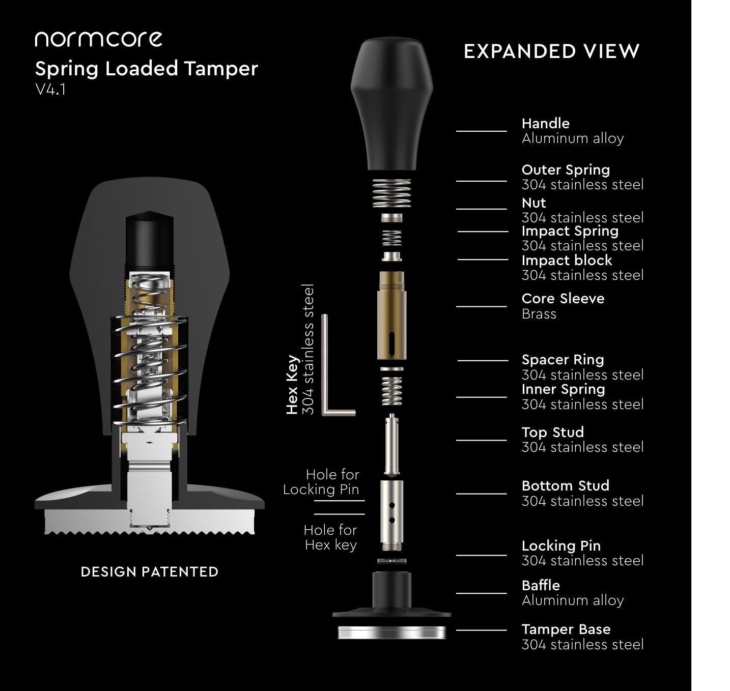 Normcore 53.3mm Espresso Coffee Tamper V4.1, Spring Loaded Tamper With Stainless Steel Flat Base15lb / 25lb / 30lbs Replacement Springs, Anodized Aluminum Stand, White