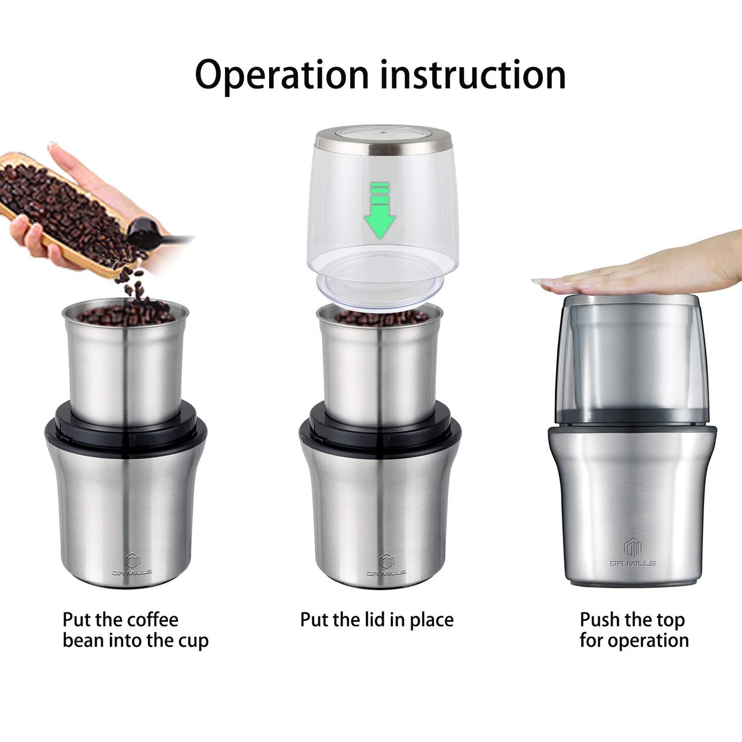 DR MILLS DM-7412M Electric Dried Spice and Coffee Grinder, Grinder and Chopper,Detachable Cup, diswash Free, Blade & Cup Made with SUS304 Stainless Steel