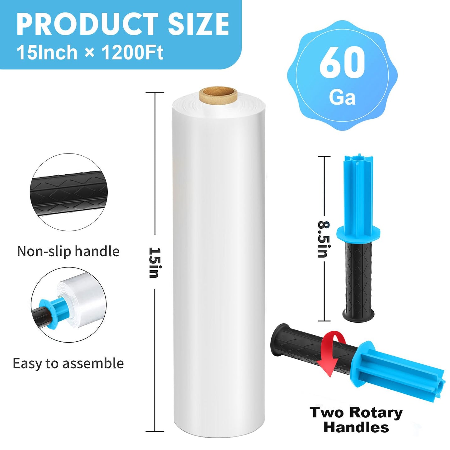 PANDRI Stretch Film, 15" x 1200 Ft per Roll Stretch Wrap Clear Shrink Wrap with Handles, Plastic Wrap for Moving Pallet Wrap, 2 Pack, 60 Gauge, 2 Handles