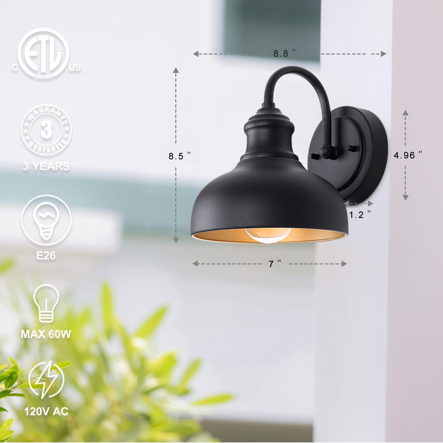 GOALPLUS Outdoor Gooseneck Barn Lights for Porch, 7in. Dome Exterior Farmhouse Light Fixture with Wall Mount, Small Black Wall Lighting with Brass Interior, Outside Wall Sconce for Garage, Patio
