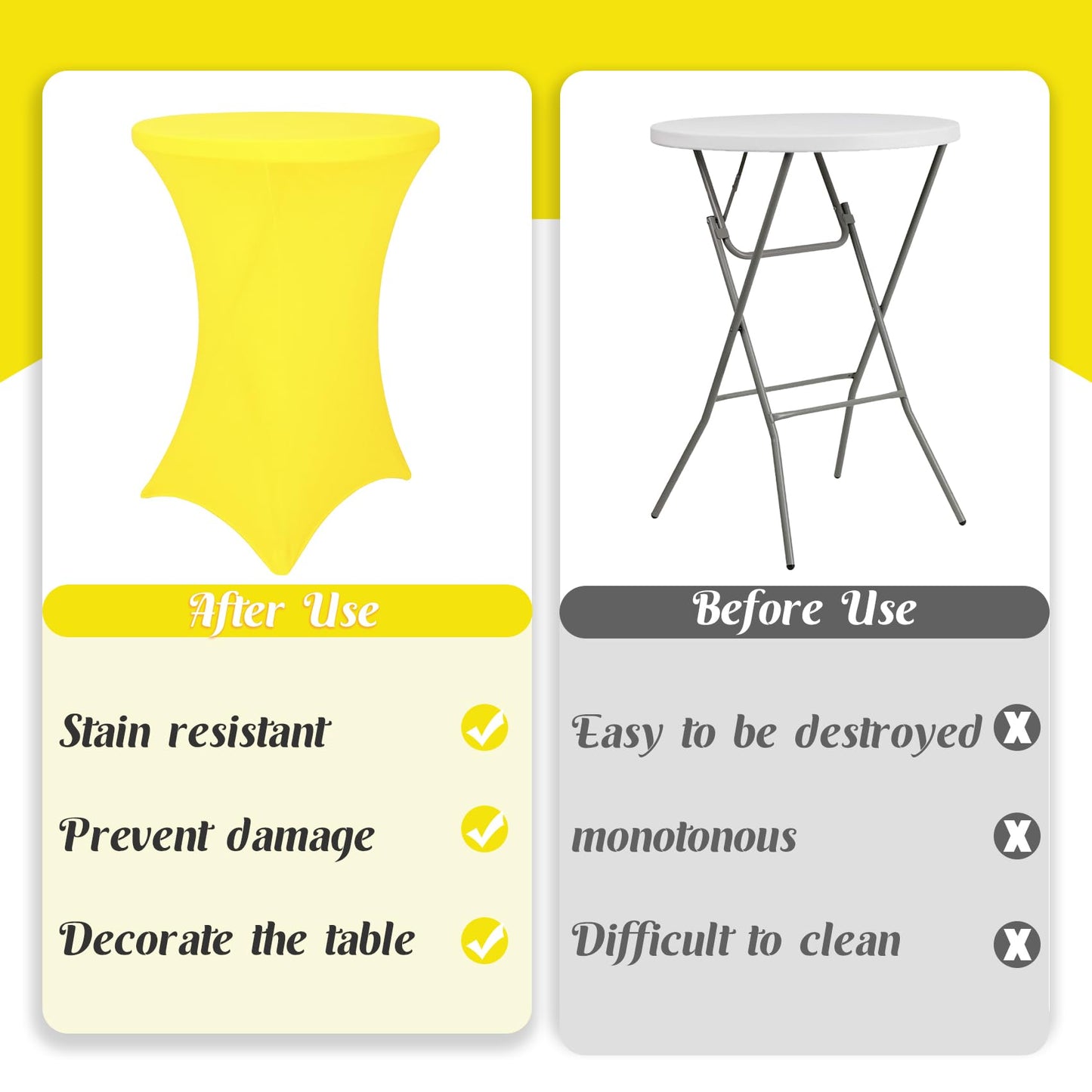 8 Pack Cocktail Table Covers 32x43 Inch Fitted Stretch Spandex Square Corners Yellow Table Cover High Top Cocktail Tablecloth for Round Table Cloth for Party, Wedding, Birthday, Banquet(Yellow)