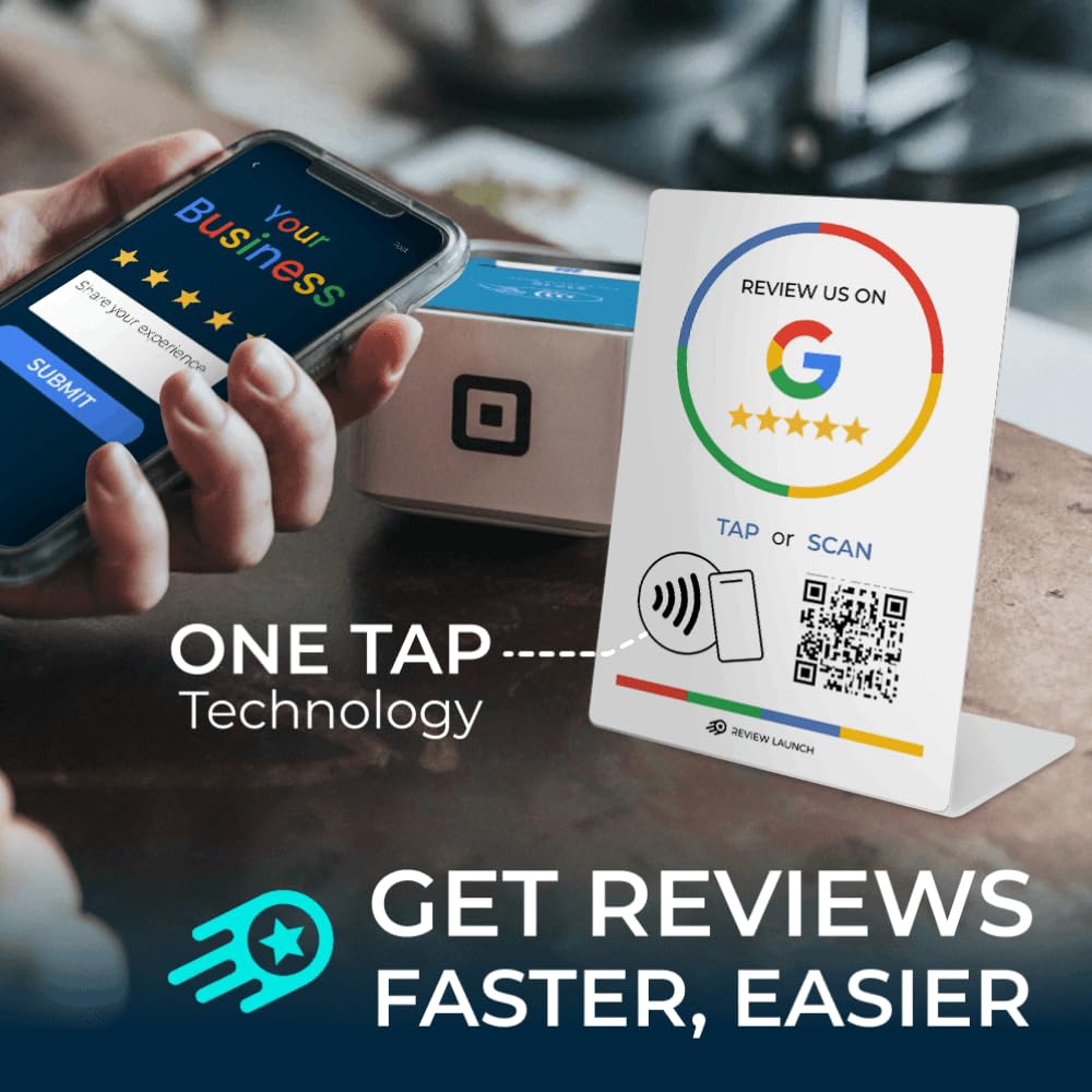 Review Launch Review Stand Compatible with Google Reviews | Boost Online Reviews and Google Rank with Fast Zappy NFC Tap Card QR Code Stand Works Like Digital Business Card (Large Stand, 3 Pack)