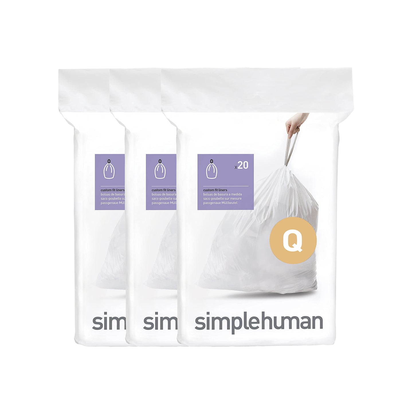 simplehuman Code Q 60 Count, Dispenser Pack Custom Fit Liners, Drawstring Trash Bags, 50-65L / 13-17 Gallons, White