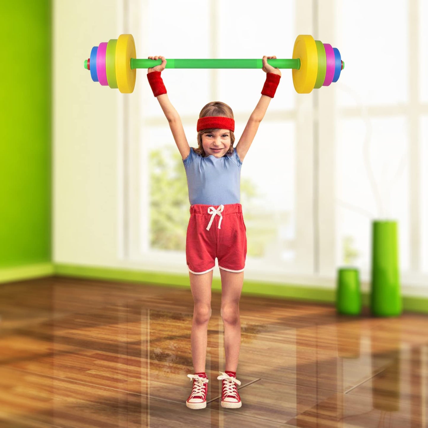 Wit Bear Kids Barbell Weight Set - Adjustable Workout Toy Equipment for Children Pretend Play Exercise - Toddler Beginner Gym, Fitness, Weightlifting and Powerlifting (32 inches)