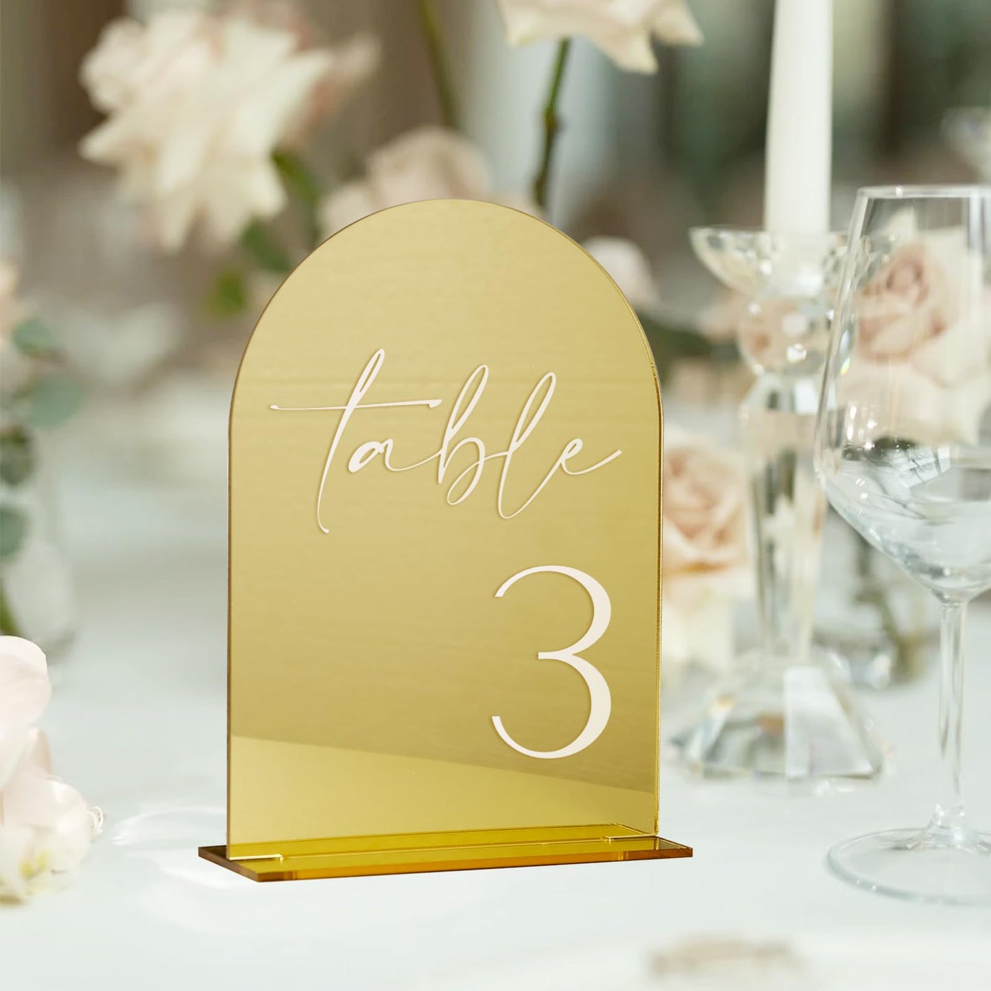 HOODO Gold Mirror Acrylic Wedding Table Numbers 1-30 with Stands, 5"x7" Arched Acrylic Signs and Holders, Modern Luxury Style