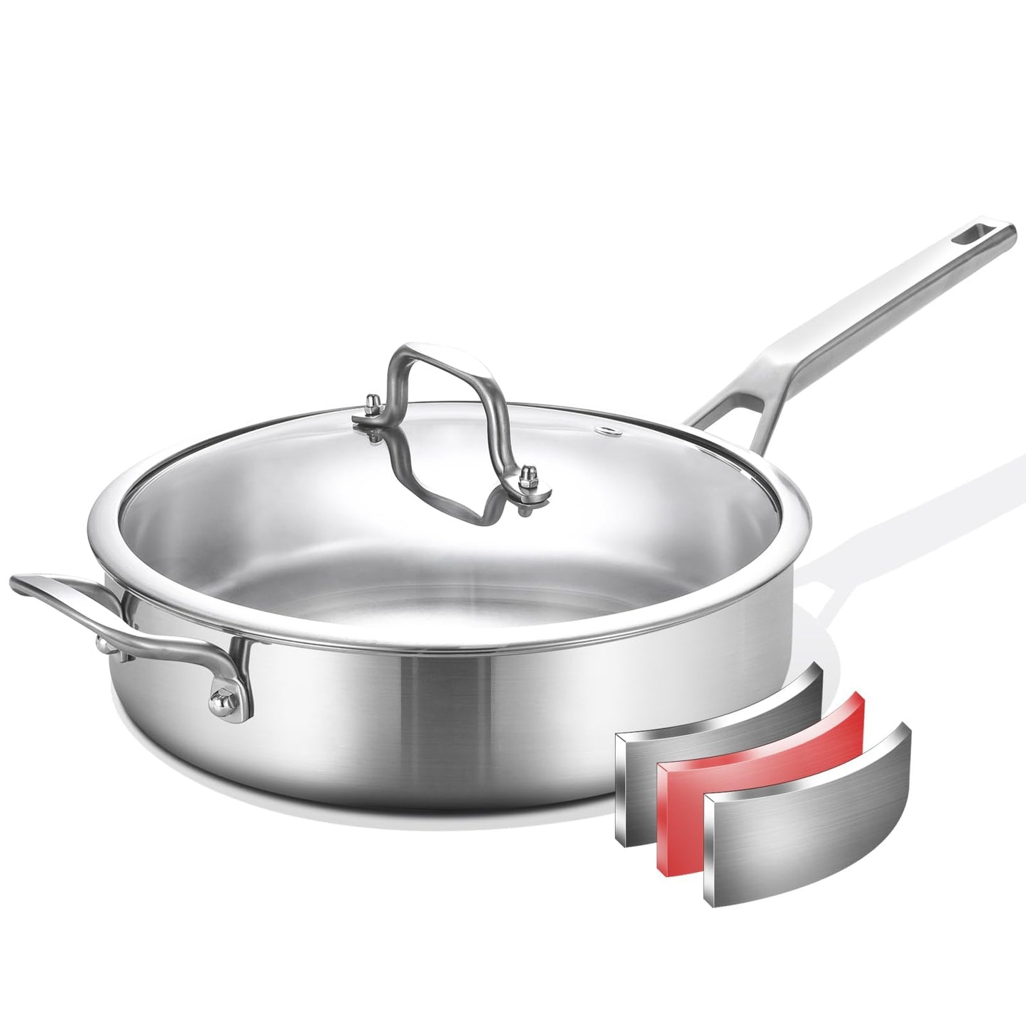 Tri-Ply Stainless Steel Saute Pan 6QT, 12 Inch Deep Frying Pan with Lids, 3-Layer Saute Pan with Lid Large Skillet with Stay Cool Handle, Induction Pan, Dishwasher and Oven-Safe