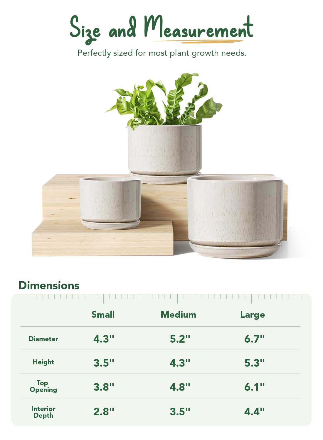LE TAUCI Ceramic Plant Pots, Set of 3, 4.3+5.3+6.8 inch Plant Pots Indoor, Planters Pots with Drainage Hole & Saucer, Indoor Flower Pot with Mesh Pad, Pot Plante Interieur, Reactive Glaze Beige
