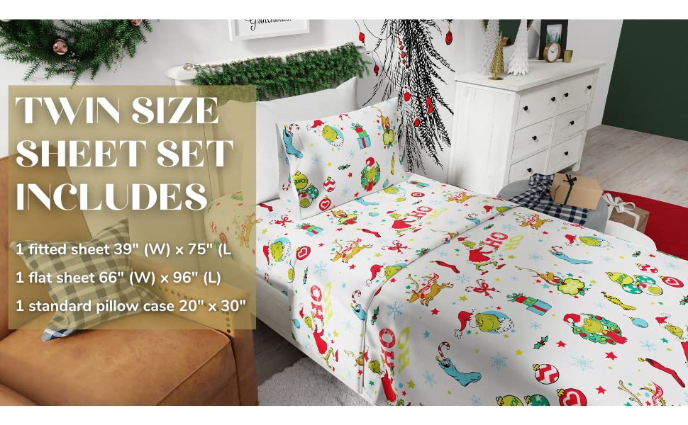Franco Grinch by Dr. Seuss Holiday & Christmas Bedding Super Soft 100% Cotton Flannel Sheet Set, 3 pcs, Twin, (Official Dr. Seuss Product)