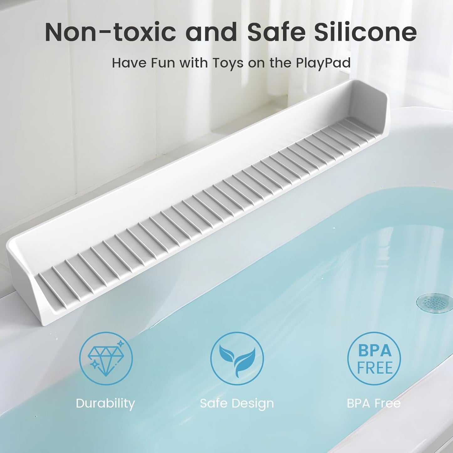 Silicone Bath Tub Splash Guard with 11 Suction Cups, Longer Bathtub Edge Extender Shelf, Bath Tray Holder (1, Gray-80cm)