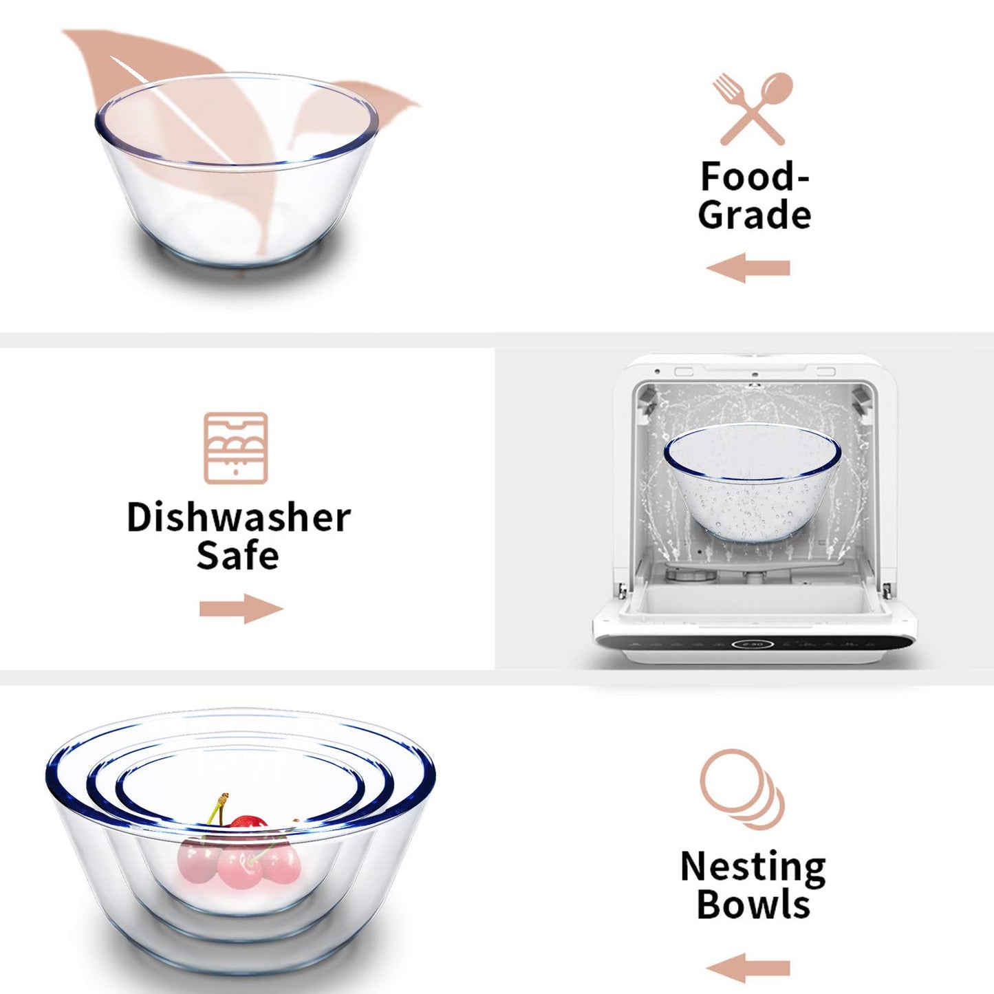 Luvan High Borosilicate Glass Mixing Salad Bowls with Lids Set of 3,4.5QT,2.7QT,1.1QT, Large Kitchen Nesting Bowls, Great for Food Storage, Cooking, Baking,Prepping,Dishwasher and Microwave Safe-3PCS