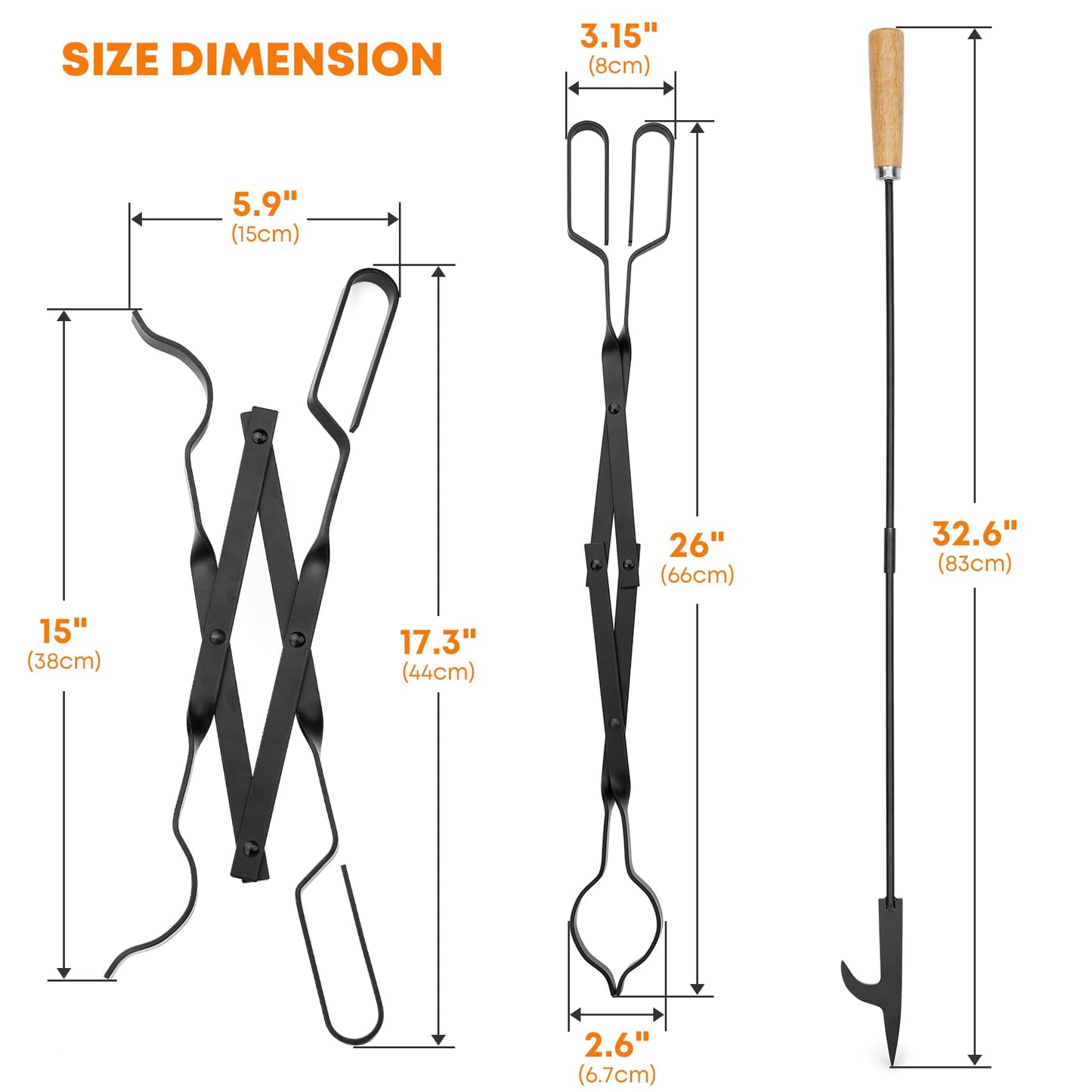 Stanbroil 26” Campfire Fireplace Tongs and 32” Premium Steel Fire Pit Campfire Poker Tool Sets, Heat Resistant Tool for Fireplace Camping Wood Stove Indoor and Outdoor Use