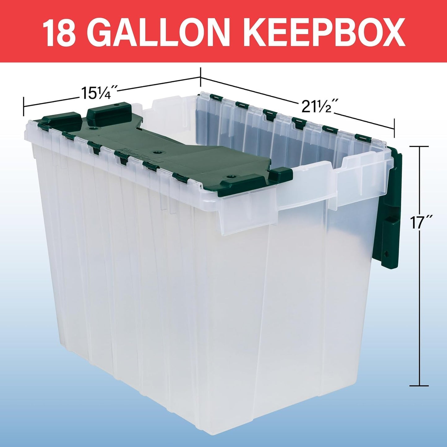 Akro-Mils 66497 18 Gallon Plastic Stackable Storage KeepBox Tote Container with Hinged Attached Lid, 21-Inch L x 15-Inch W x 17-Inch H, Clear/Green