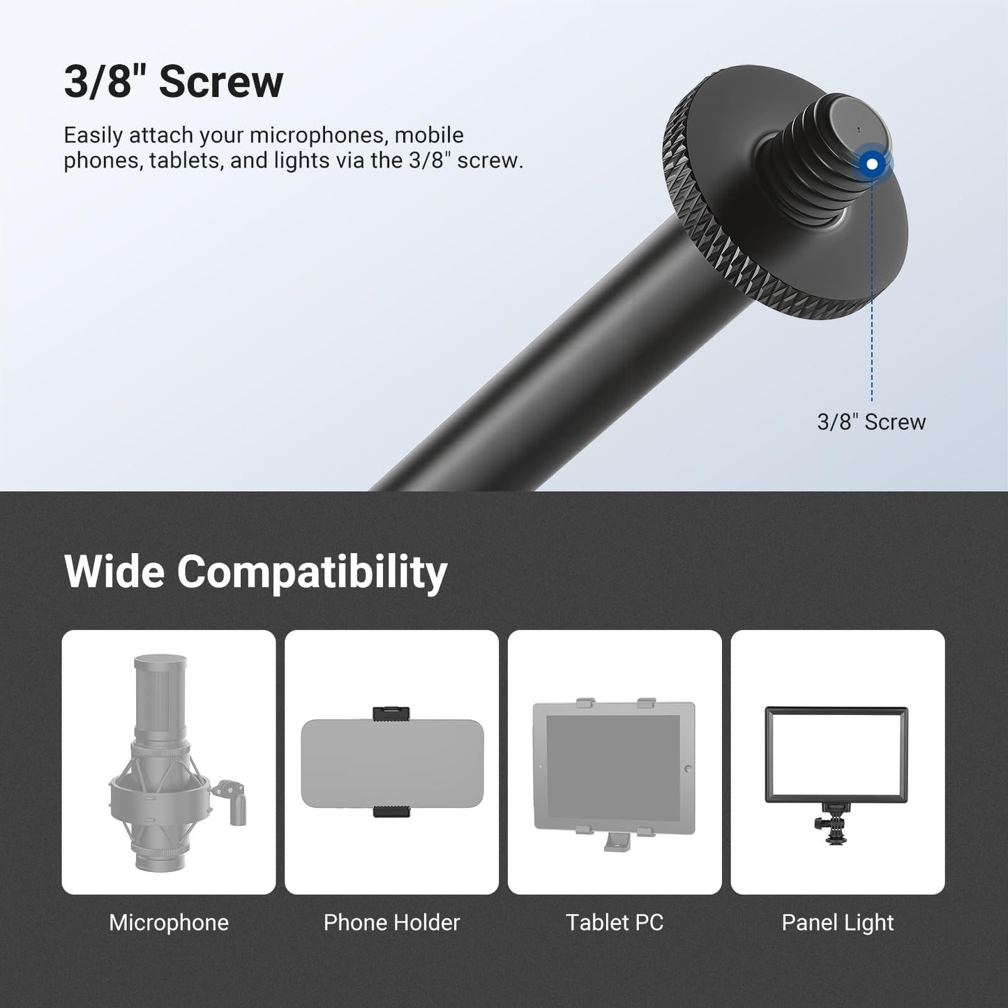 NEEWER Microphone Boom Arm for Mic Stand, Aluminum Compact Lightweight Portable Telescopic Extension Pole, 1/4" Screw & 3/8" Spigot for Universal Mics Adapter Mount Accessories, Max Load 3.3 lb, MS041