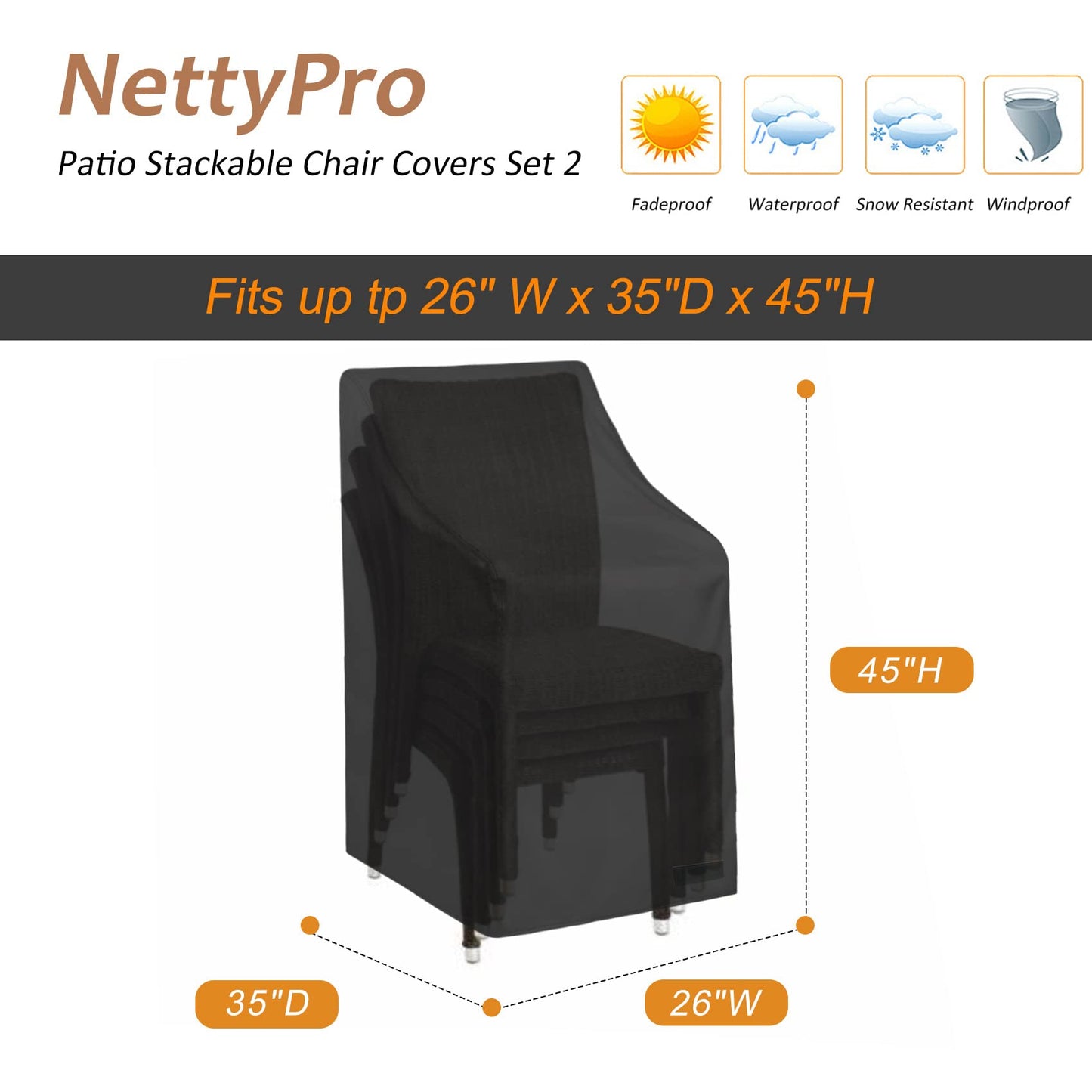 NettyPro Stackable Patio Chair Covers 2 Pack Waterproof Outdoor Patio Furniture Stacking Chair Cover, Fits for 4-6 Stack Dining High Back Chairs, 26"W x 35"D x 45"H, Black