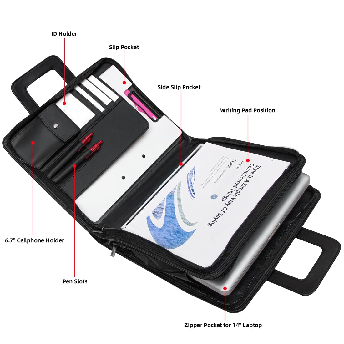 14" Laptop Briefcase, Vegan Leather Portfolio with Zipper Compartments x 2, A4 Papers Holder Padfolio Organizer, Black