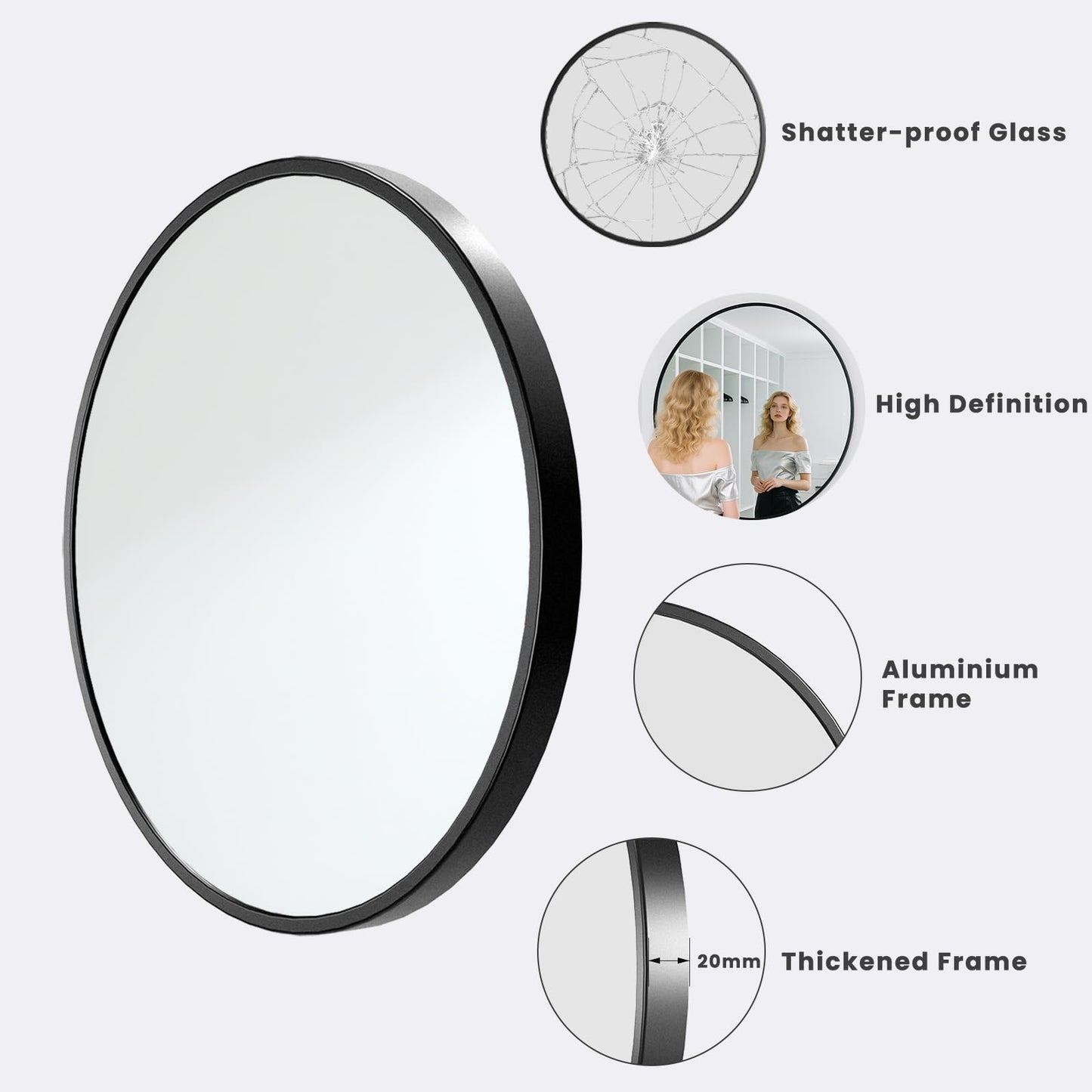 CUCZUUS Wall-Mounted Round Tempered Glass Mirror, Bathroom Vanity Mirror, Modern Style, Aluminum Alloy Frame, Circle Mirrors for Living Room, Bathroom, Vanity, Entryway (Black, 50x50 cm)