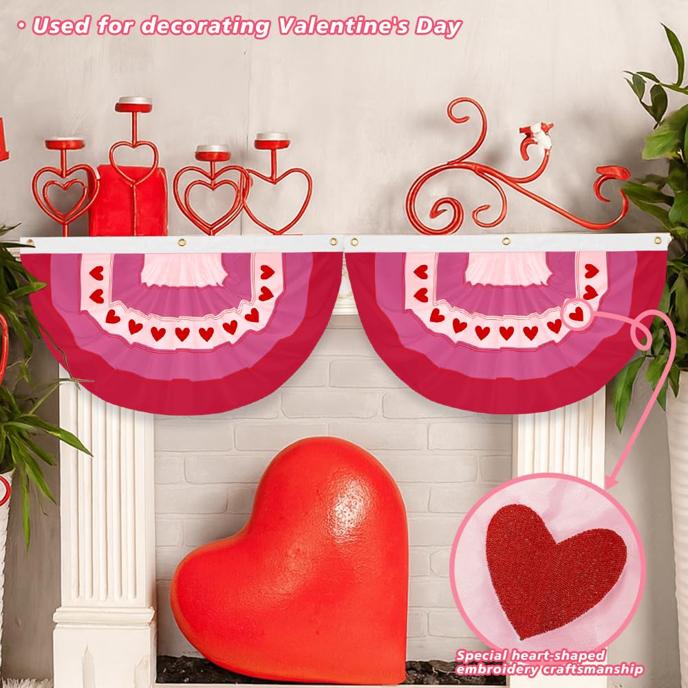 LinaGarten 4Pcs Valentine’s Day Bunting 2x4Ft Embroidered Love Heart Half Fan Bunting Flag Banner for Garden Fence, Outdoor Party, and Porch Decor