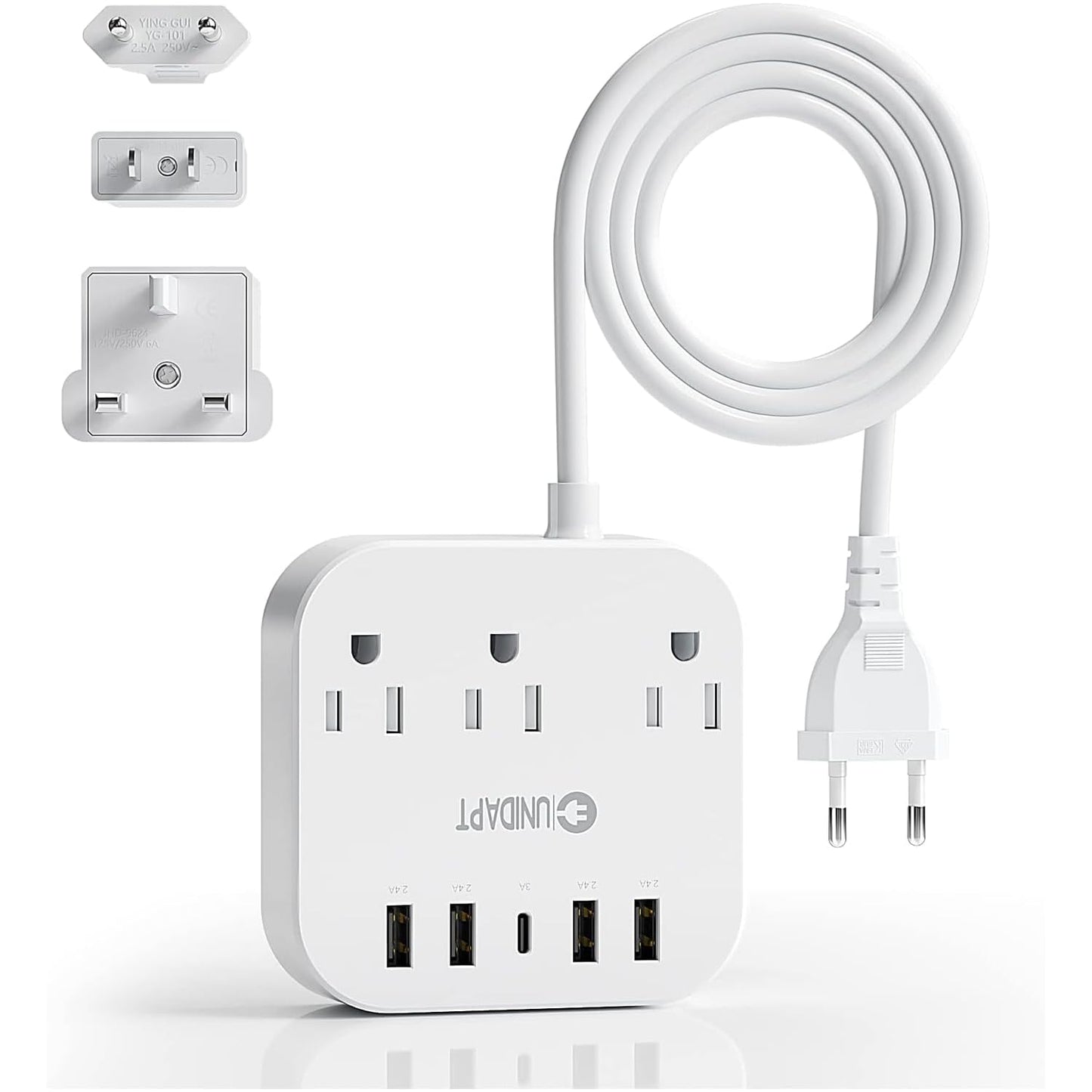 Unidapt European Plug Adapter, Unidapt US to UK Europe Power Strip for EU/UK/US with USB C and 4 USB Ports, 3 AC Outlets, Wall Mountable, 5ft Cord, for Travel Cruise Ship Home (WSS-603)