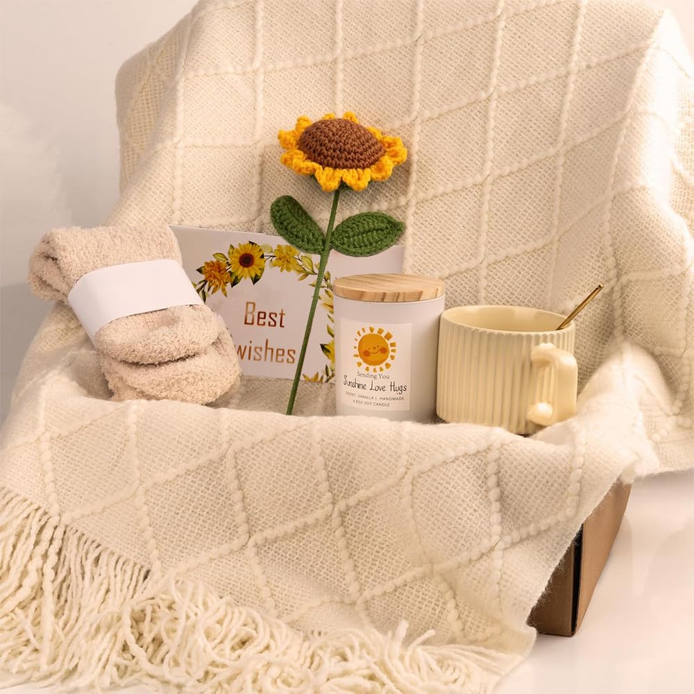 Cozy Blanket Gift Basket for Women, Sunflower Set with Throw Blanket Mug Socks Scented Candle, Birthday Mother's Day Christmas Anniversary Get Well Soon Gift for Her Friend Mom Sister Wife