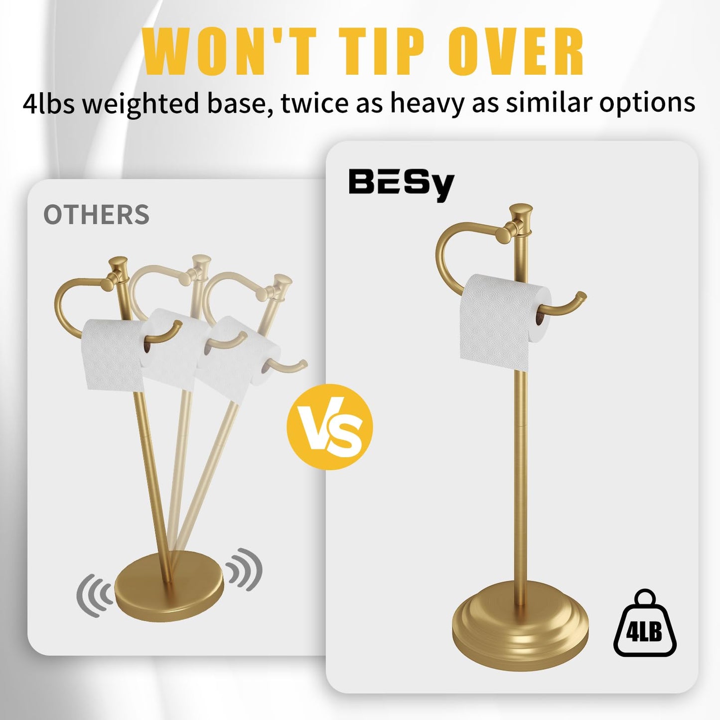 BESy Toilet Paper Holder Free Standing Bathroom Toilet Tissue Holder Stand for Floor Toilet Paper Roll Holder with Storage Hardware Accessories Rack Non Adjustable Brushed Gold Stainless Steel