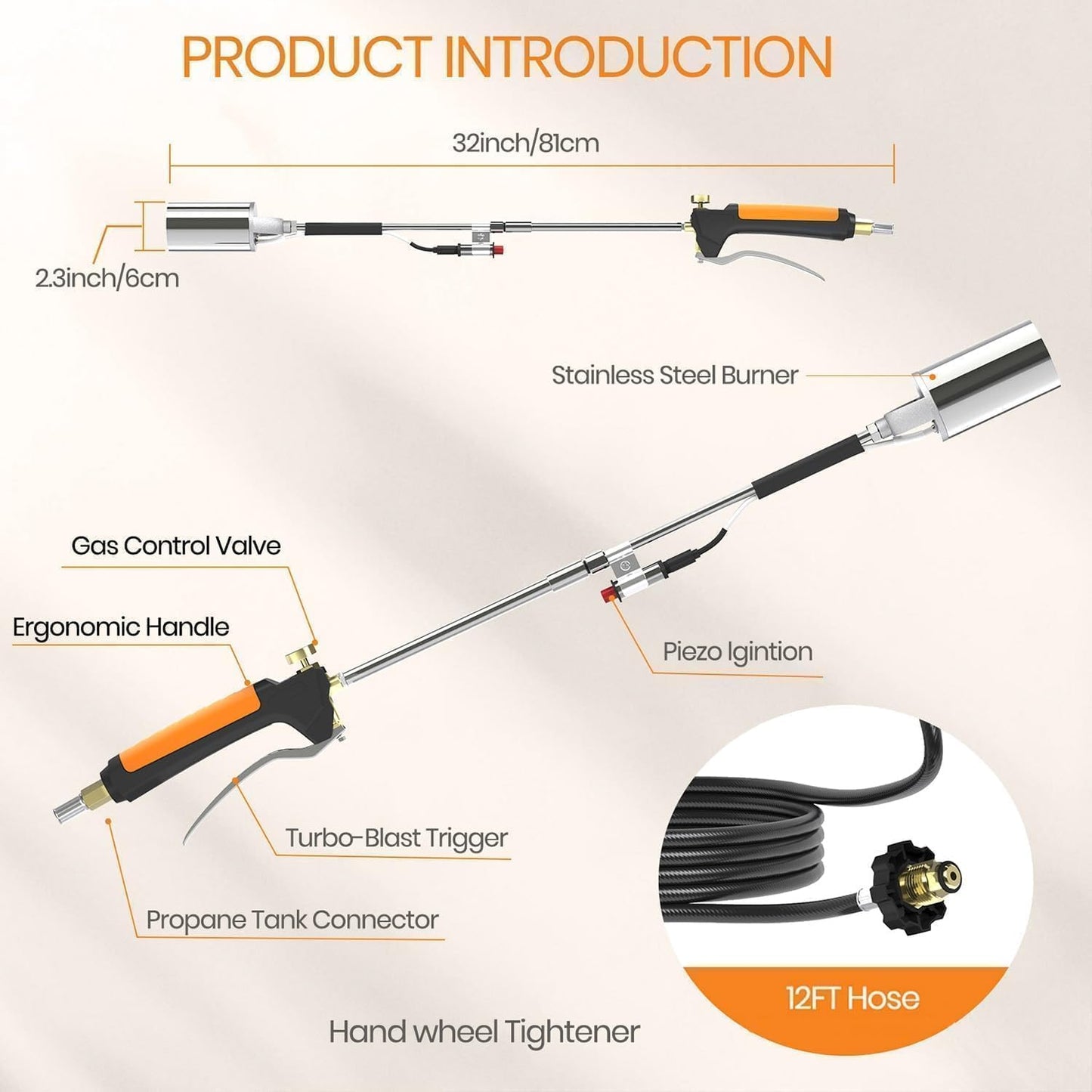 CALPOSE Propane Torch Weed Burner, Propane Weed Torch High Output 400,000BTU with 12FT Hose, Weed Torch with Flame Control and Button Igniter for Garden Wood Roofing Snow Road Charcoal Start