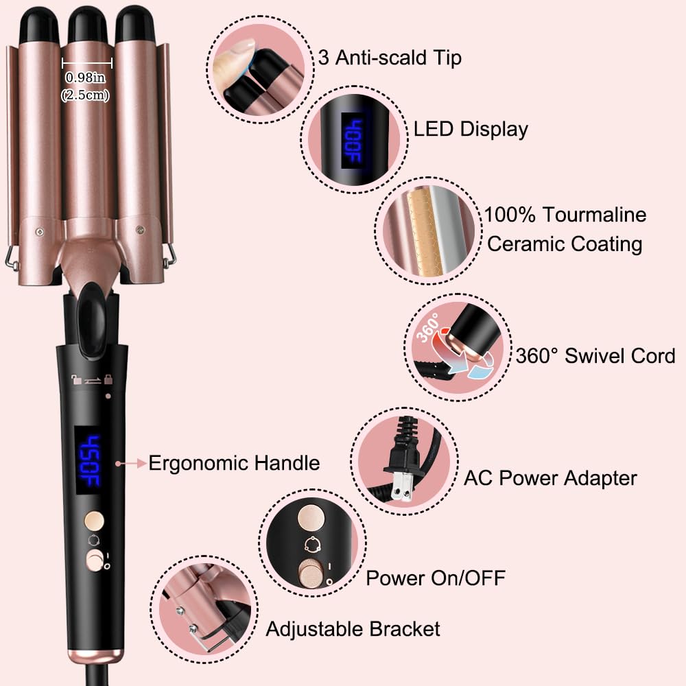5 in 1 Curling Iron Set,Curling Iron Wand with 3 Barrel Hair Crimper(1.1inch) and 4 Interchangeable Ceramic Curling Wand(0.35"-1.25"), 4 Temp Heating Setting,Contain Protective Glove & 2 Clips