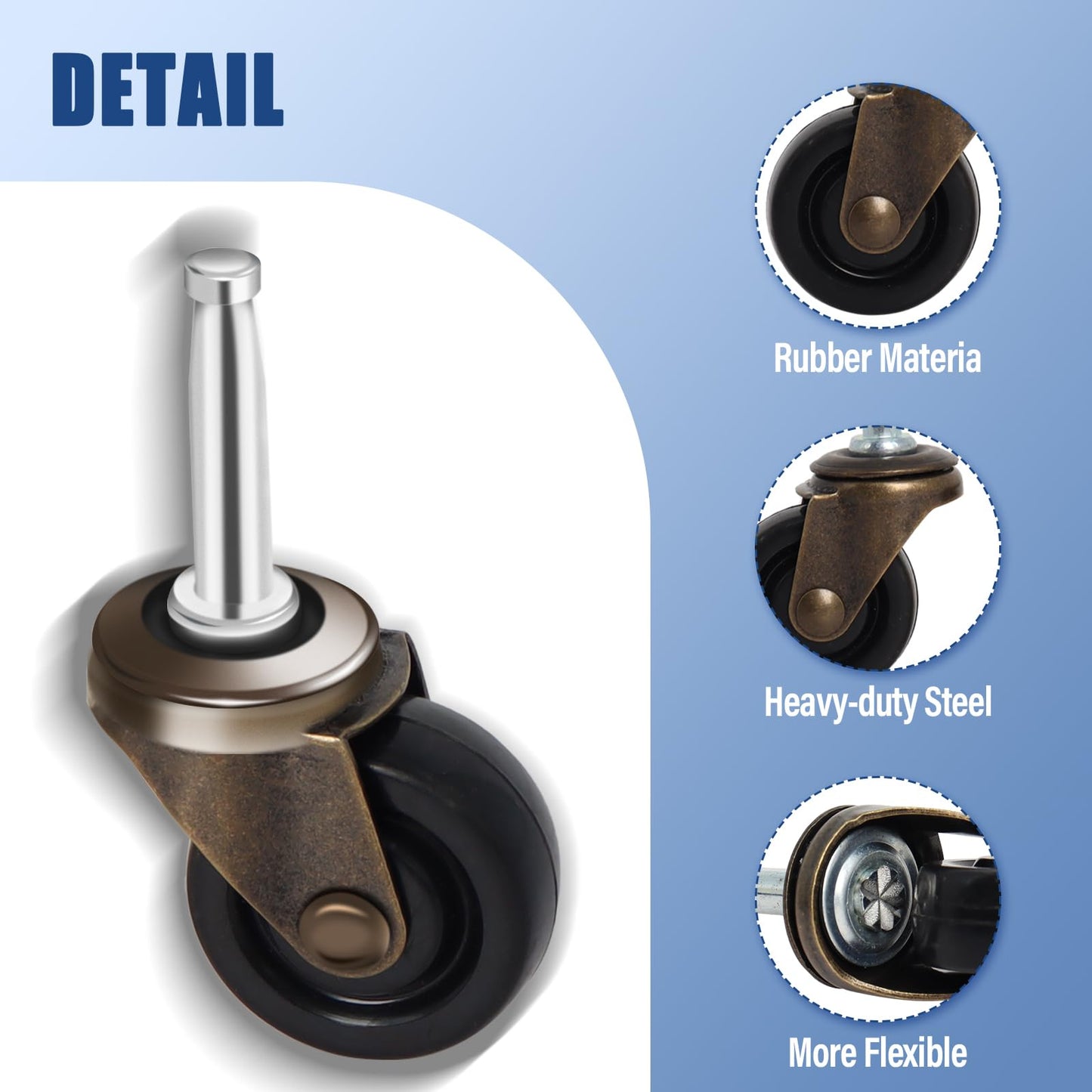 Stem Caster Wheels Heavy Duty, Set of 4 Swivel & Ball Roulettes Pour Meubles, Quiet Rolling Antique Brass Caster Wheels for Furniture Chairs, No Scratch Floors