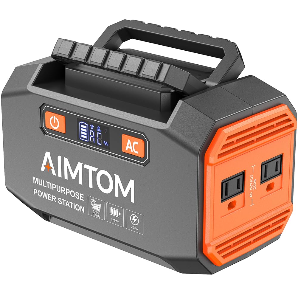 AIMTOM Portable Power Station 173Wh Lithium Battery, 200W AC Outlet (250W Surge), 18W USB-C, 2x USB-A, 2x 12V DC Outputs, LED Flashlight – Ideal for Camping, Travel, Emergency Backup, RV, Home Use