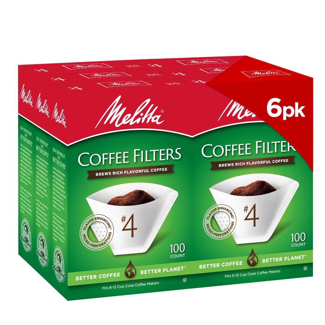 Melitta #4 Cone Coffee Filters, White, 100 Count (Pack of 6), 600 Total Filters - Fits All 8-12 Cup Cone Coffee Makers and Pour-Overs, Compostable, Tear-Resistant, Made in USA